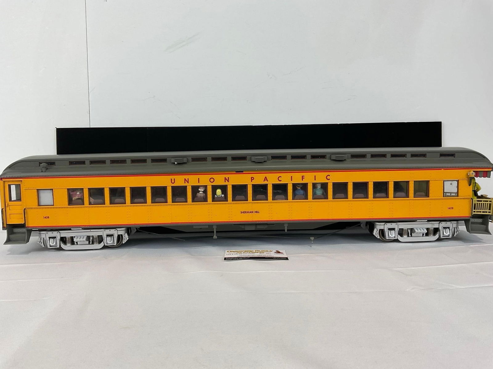 Model Railroad Car, Union Pacific G Scale Sherman Hill Passenger Car, #1408, 10x32x10 inches: No box included. Appears to be in good shape. The piece measures approx 10h x 32w x 10d inches. See pics. E-5560 