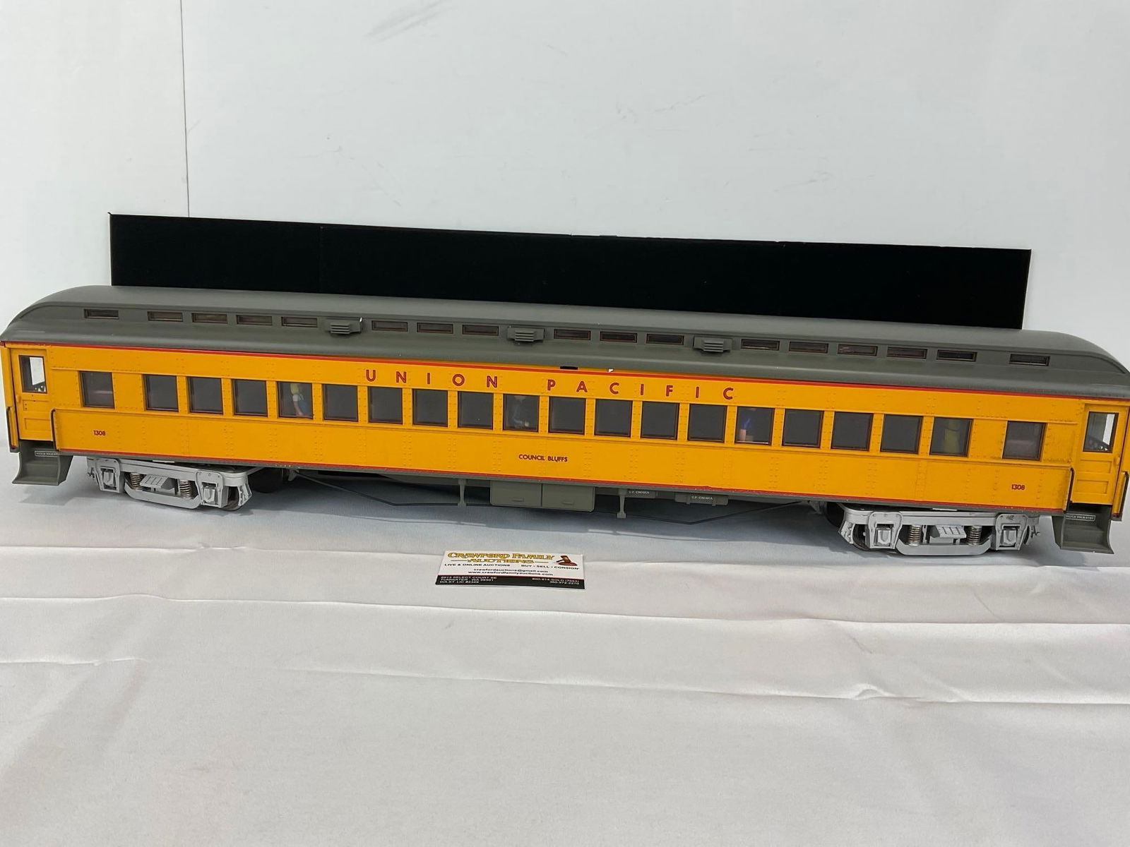 Model Railroad Car, Union Pacific G Scale Council Bluffs Car, #1308, 10x32x10 inches: No box included. Appears to be in good shape. The piece measures approx 10h x 32w x 10d inches. See pics. E-5560 