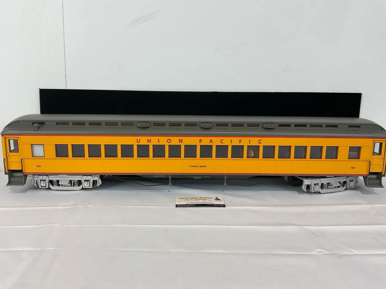 Model Railroad Car, Union Pacific G Scale Council Bluffs Passenger Car, #1308, 10x32x10 inches: No box included. Appears to be in good shape. The piece measures approx 10h x 32w x 10d inches. See pics. E-5560 
