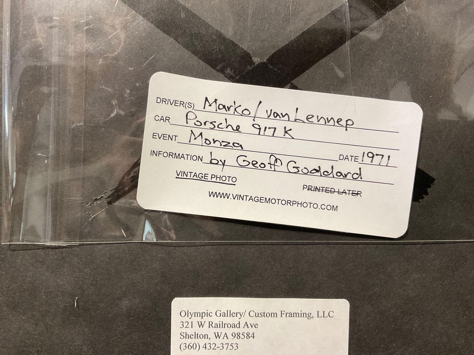 Framed Signed Racing Photo by Geoff Goddard, Porsche 917K Marko/Van Lennep at Monza 1971, 14x17 i... - 5