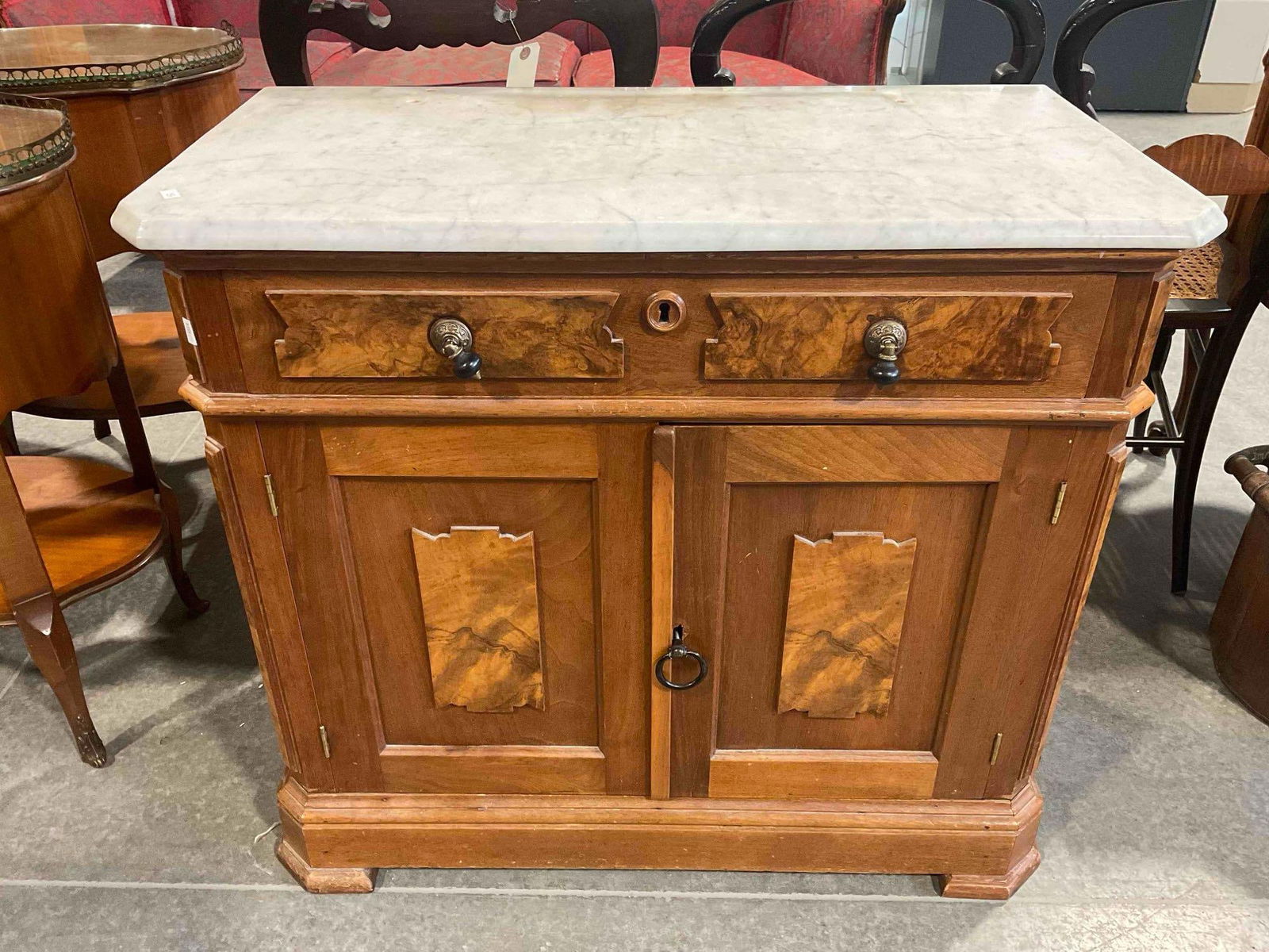 Antique Lovely Maple? Wood Bathroom Commode w/ Grey Marble Top & Burl Wood Panels. (1 of 9)