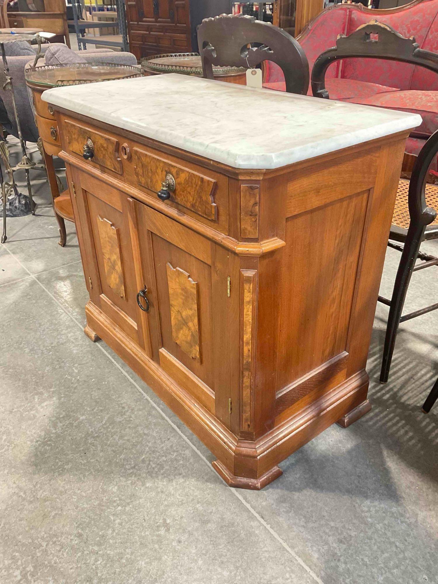 Antique Lovely Maple? Wood Bathroom Commode w/ Grey Marble Top & Burl Wood Panels. - 2