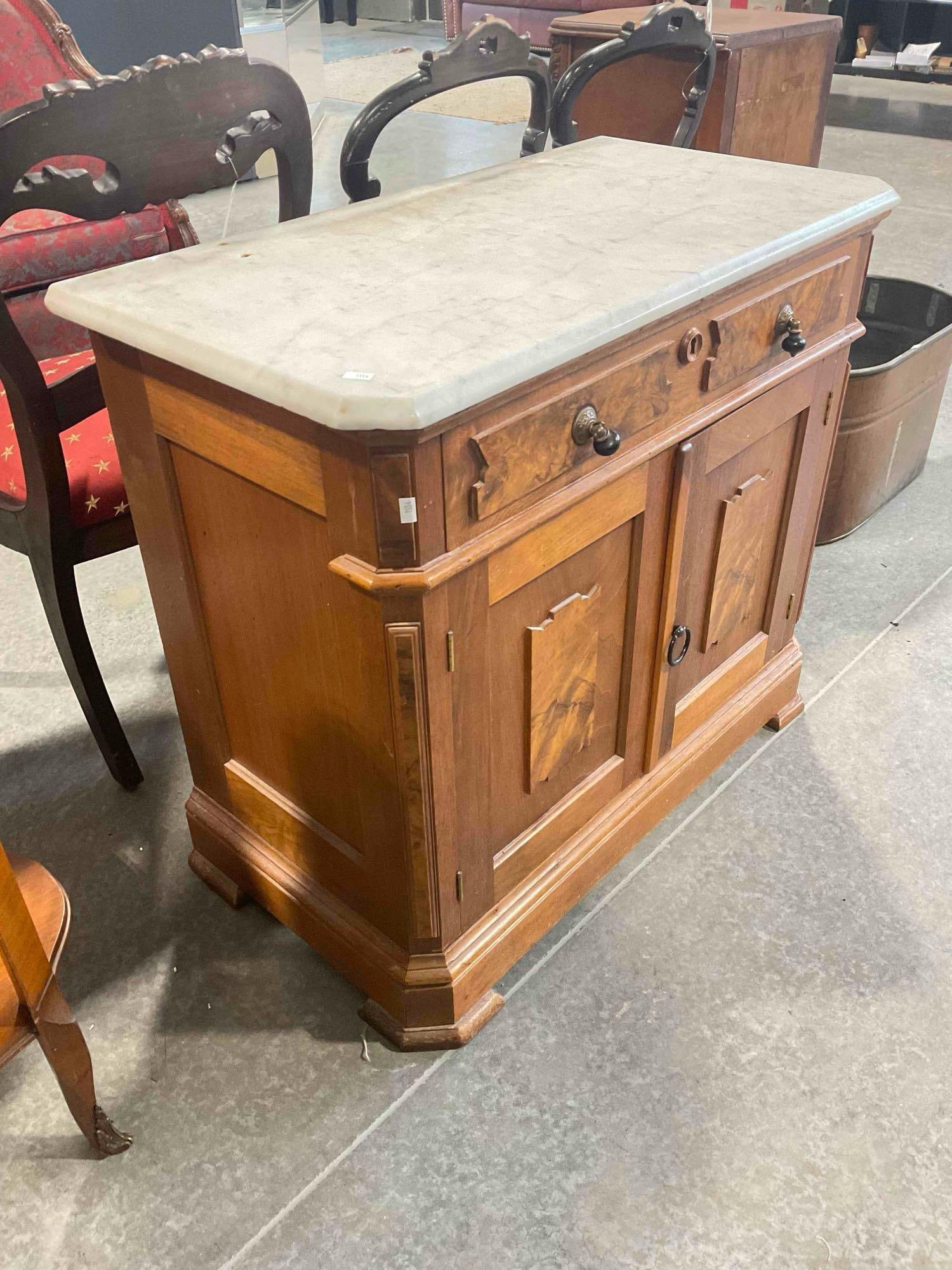 Antique Lovely Maple? Wood Bathroom Commode w/ Grey Marble Top & Burl Wood Panels. - 3