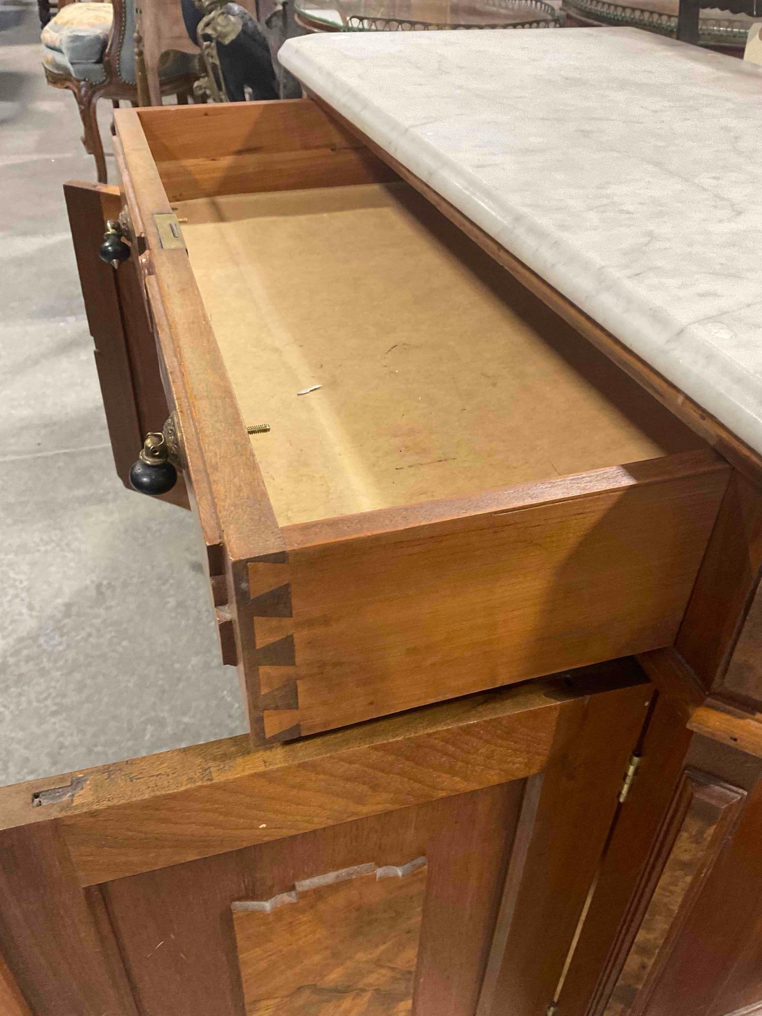 Antique Lovely Maple? Wood Bathroom Commode w/ Grey Marble Top & Burl Wood Panels. - 7