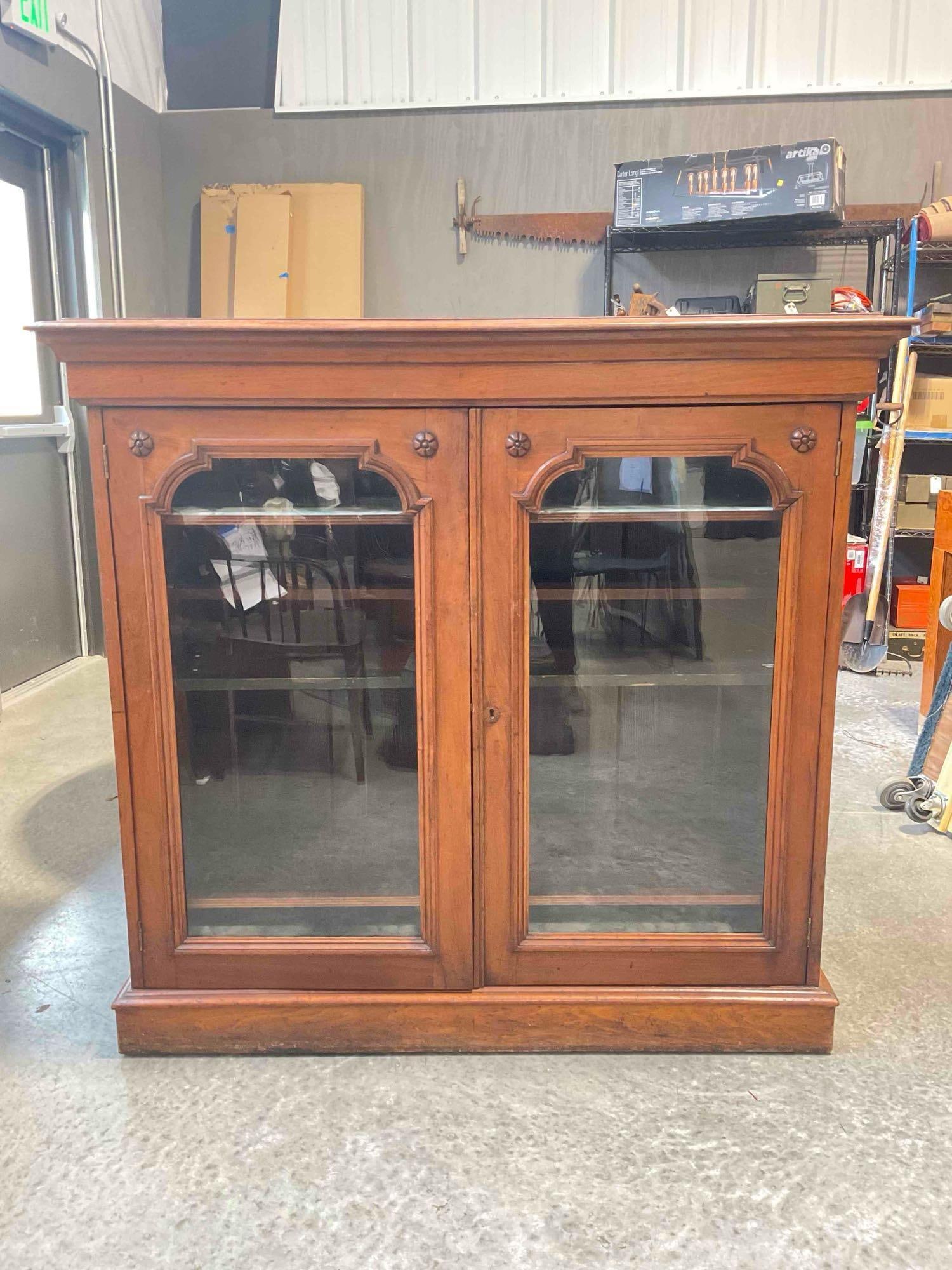 Antique Mahogany? Wooden Glass Fronted Bookcase w/ Four Adjustable Shelves. See pics. (1 of 10)