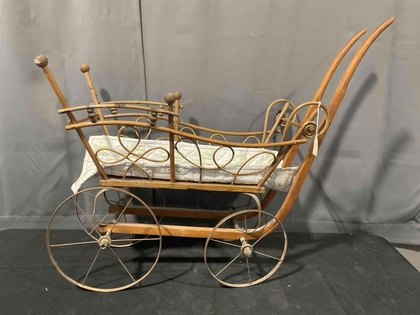 Antique Victorian Wicker Wood Doll Carriage w/ Stick-and-Ball Design. Very Good Condition.: Antique Victorian Wicker Wood Doll Carriage w/ Stick-and-Ball Design. Very Good Condition. Charming little piece. Minor wear indicative of age, wheels are rusted, condition is otherwise very