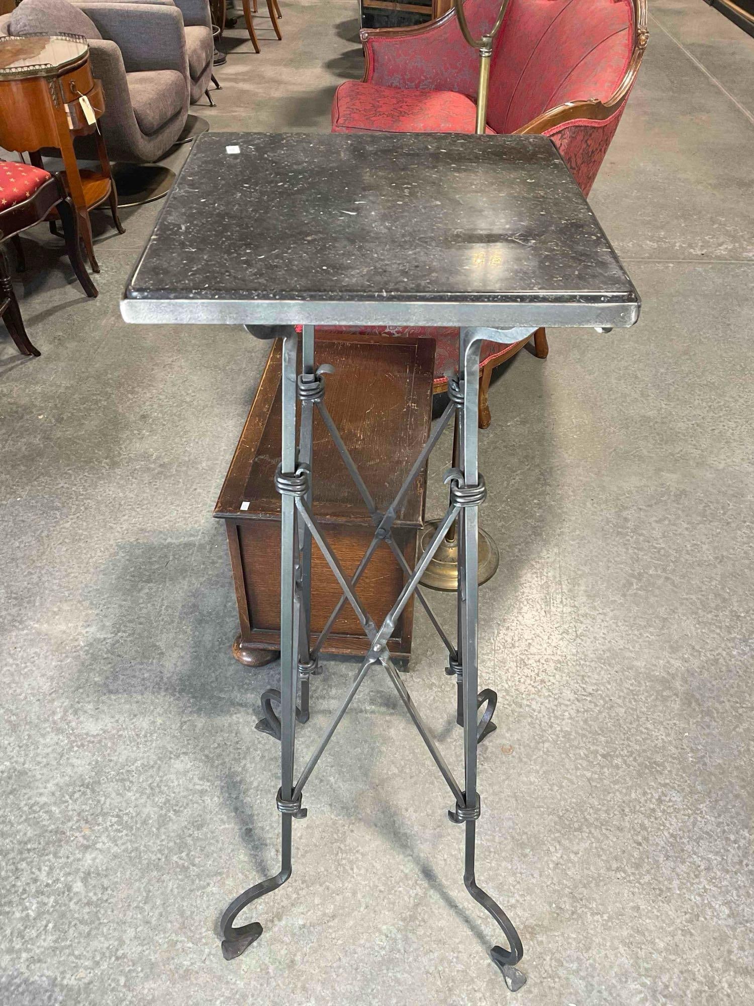 Vintage Wrought Metal Planter Stand Pedestal Table w/ Black Marble Top. Excellent Condition.: Vintage Wrought Metal Planter Stand Pedestal Table w/ Black Marble Top. Excellent Condition. Very Minor discoloration, otherwise in excellent condition. Measures 16" x 16" x 42" DM-5520 *Freight