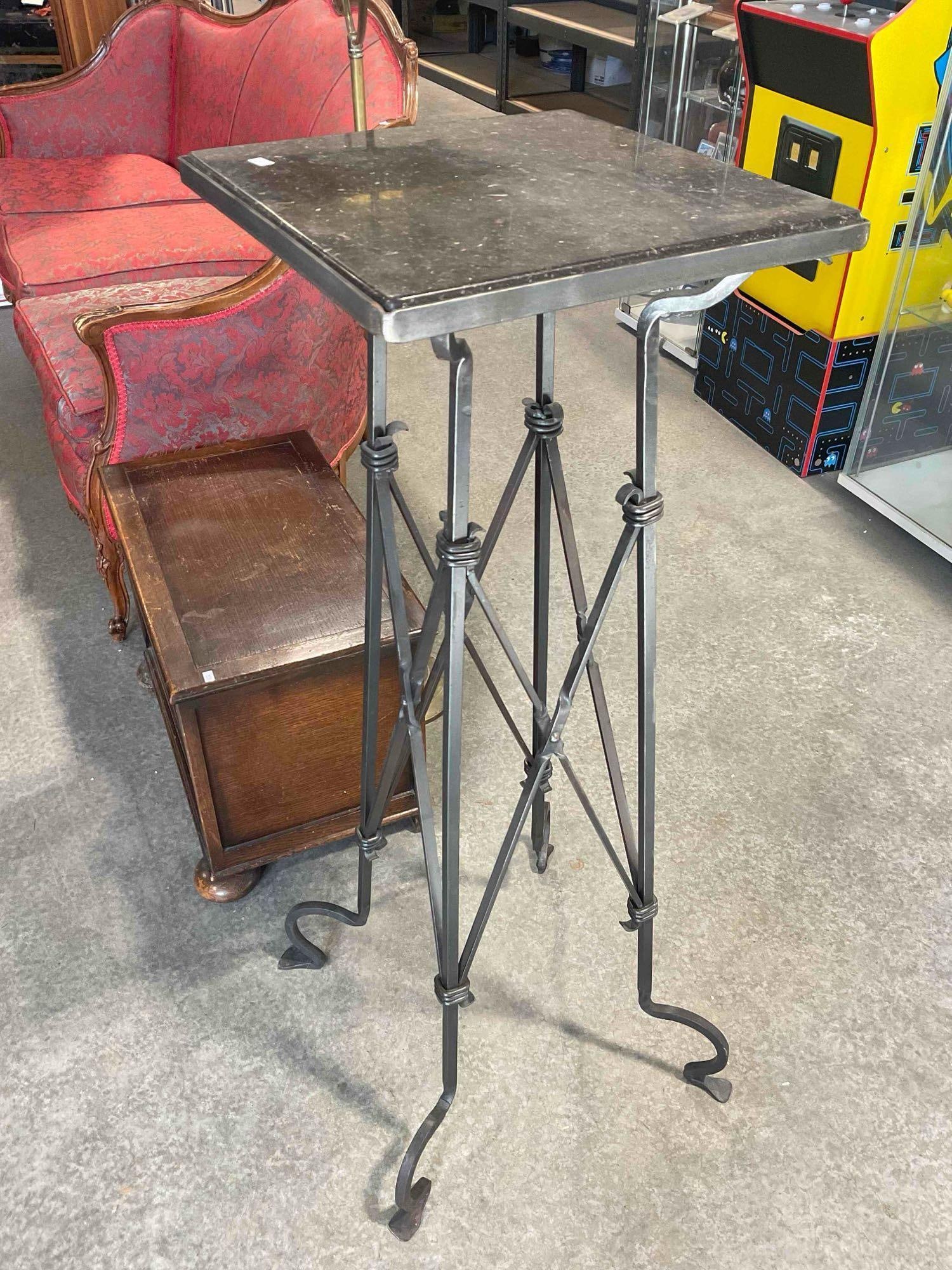 Vintage Wrought Metal Planter Stand Pedestal Table w/ Black Marble Top. Excellent Condition. - 2