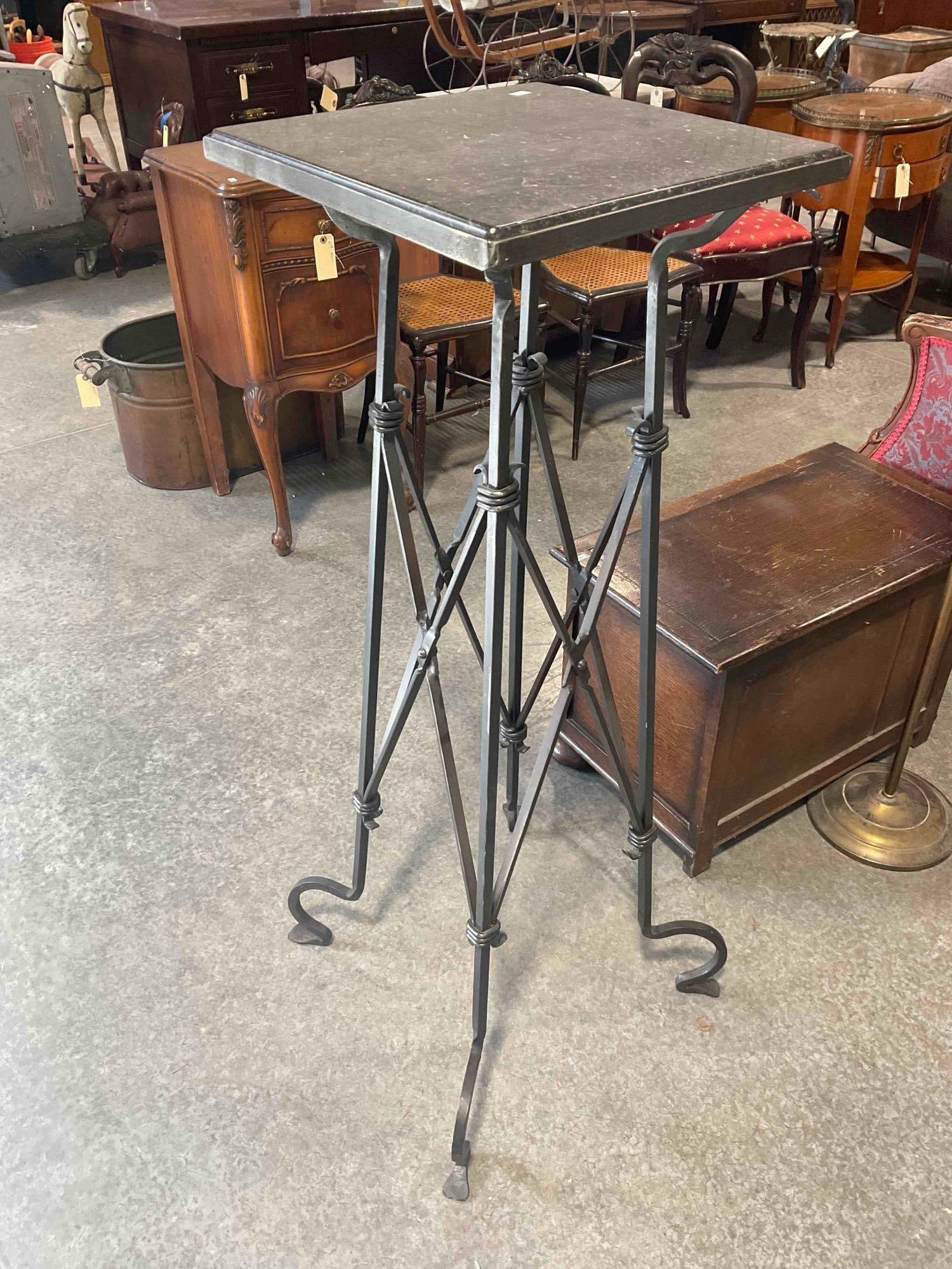 Vintage Wrought Metal Planter Stand Pedestal Table w/ Black Marble Top. Excellent Condition. - 3