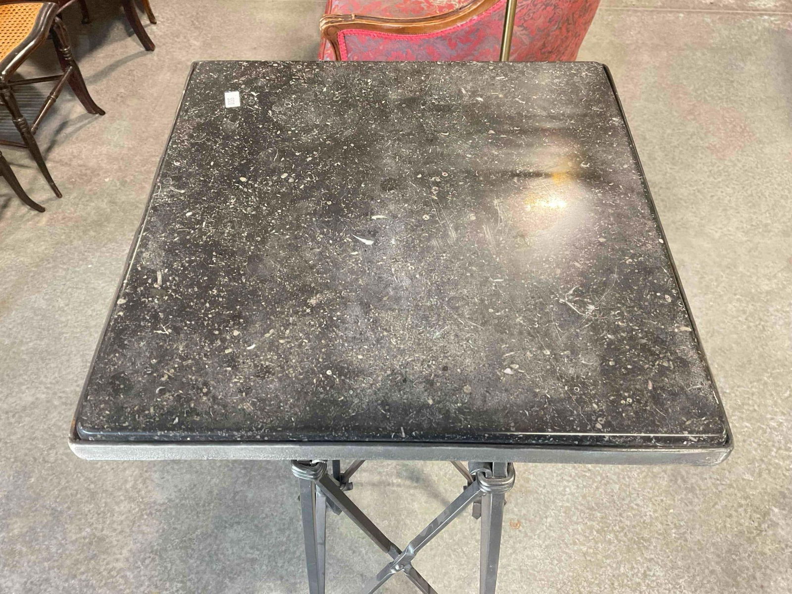 Vintage Wrought Metal Planter Stand Pedestal Table w/ Black Marble Top. Excellent Condition. - 4