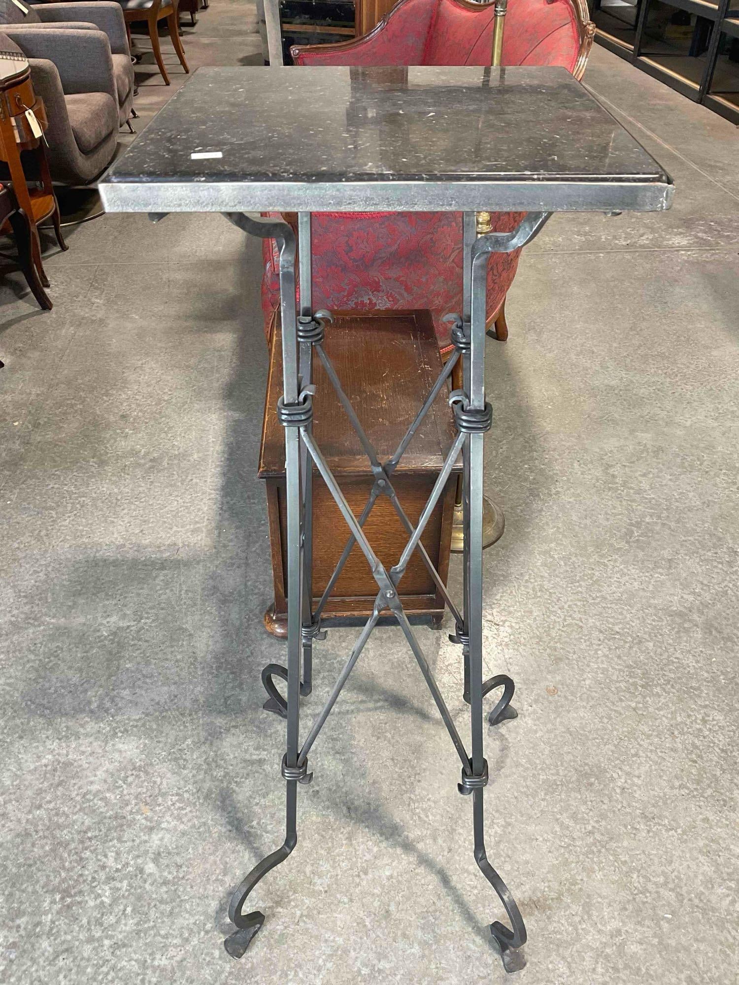 Vintage Wrought Metal Planter Stand Pedestal Table w/ Black Marble Top. Excellent Condition. - 5