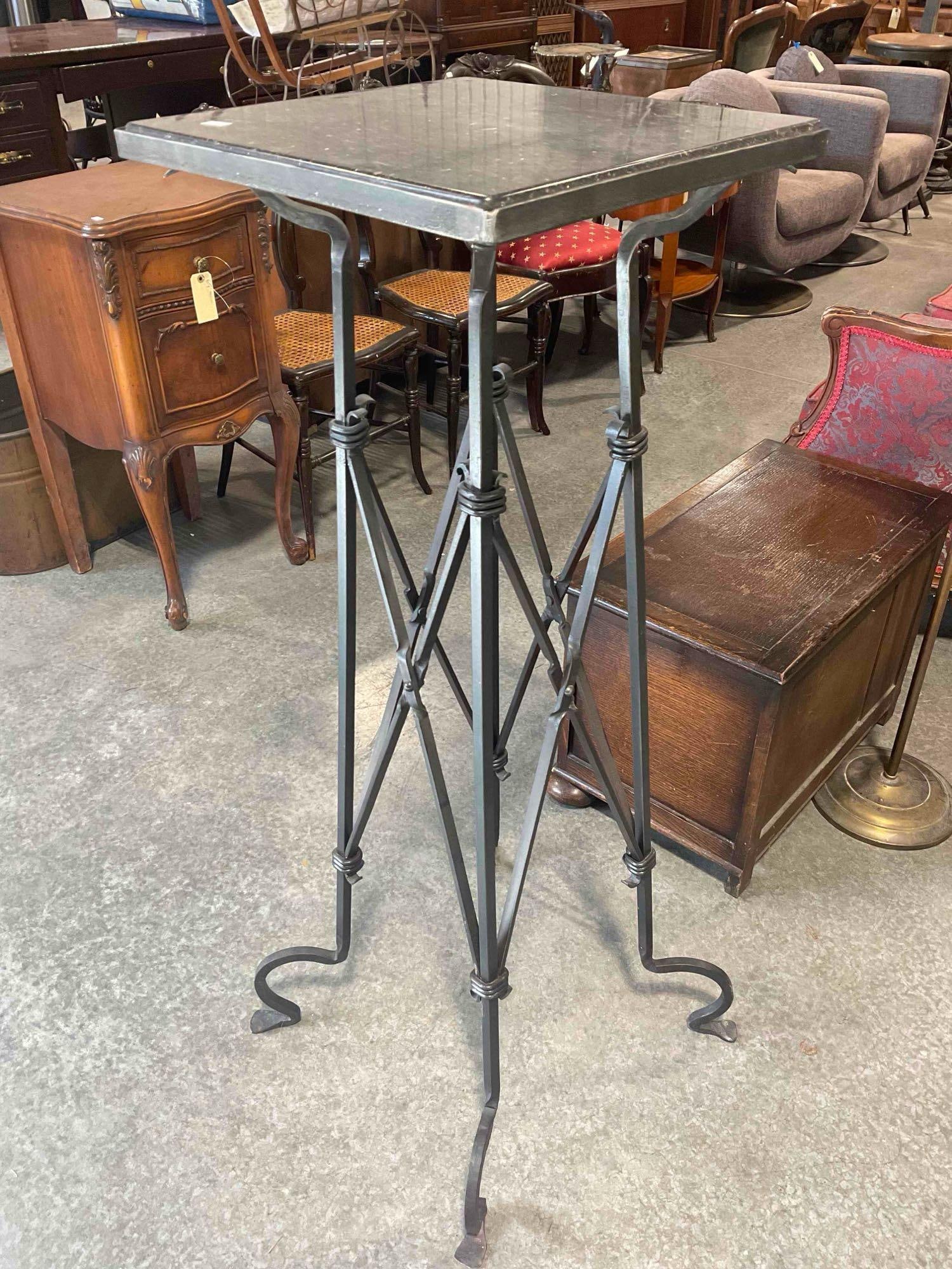 Vintage Wrought Metal Planter Stand Pedestal Table w/ Black Marble Top. Excellent Condition. - 6