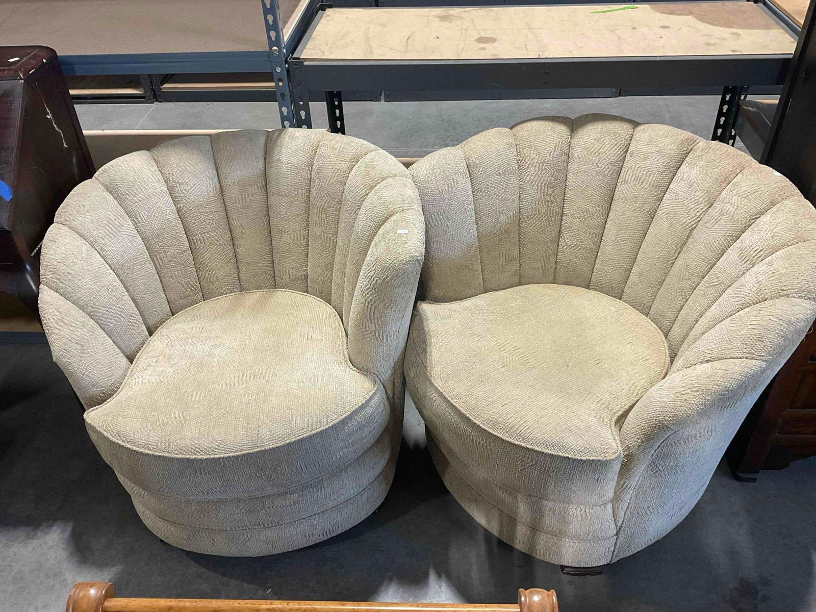 Pair of Vintage Asymmetrical Beige Upholstered Plush Swivel Chairs. Excellent Condition. See pics.: Pair of Vintage Asymmetrical Beige Upholstered Plush Swivel Chairs. Excellent Condition. Hollywood Regency Style? Very minor wear indicative of age, condition is otherwise excellent. Measures 32" x
