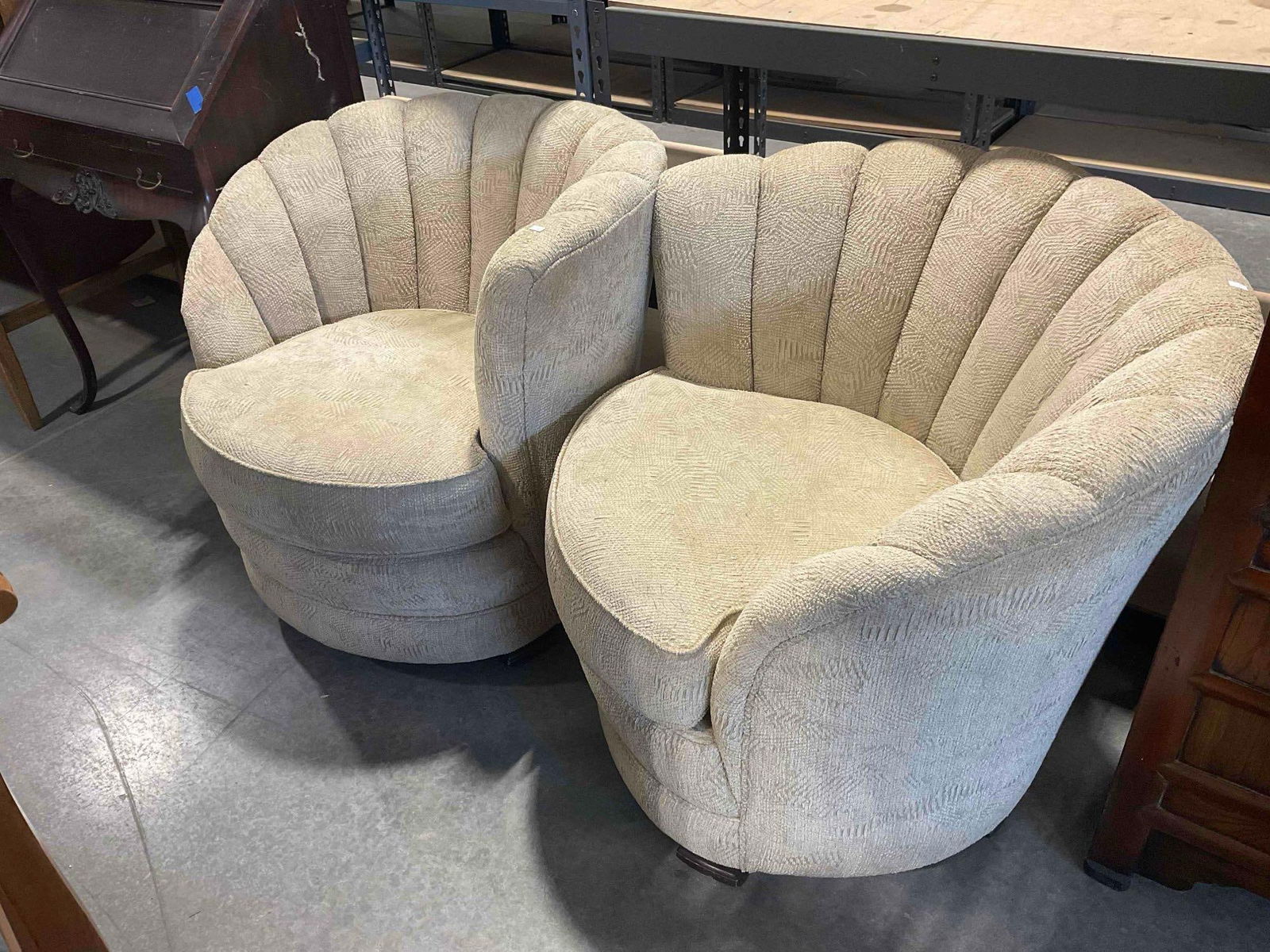 Pair of Vintage Asymmetrical Beige Upholstered Plush Swivel Chairs. Excellent Condition. See pics. - 3