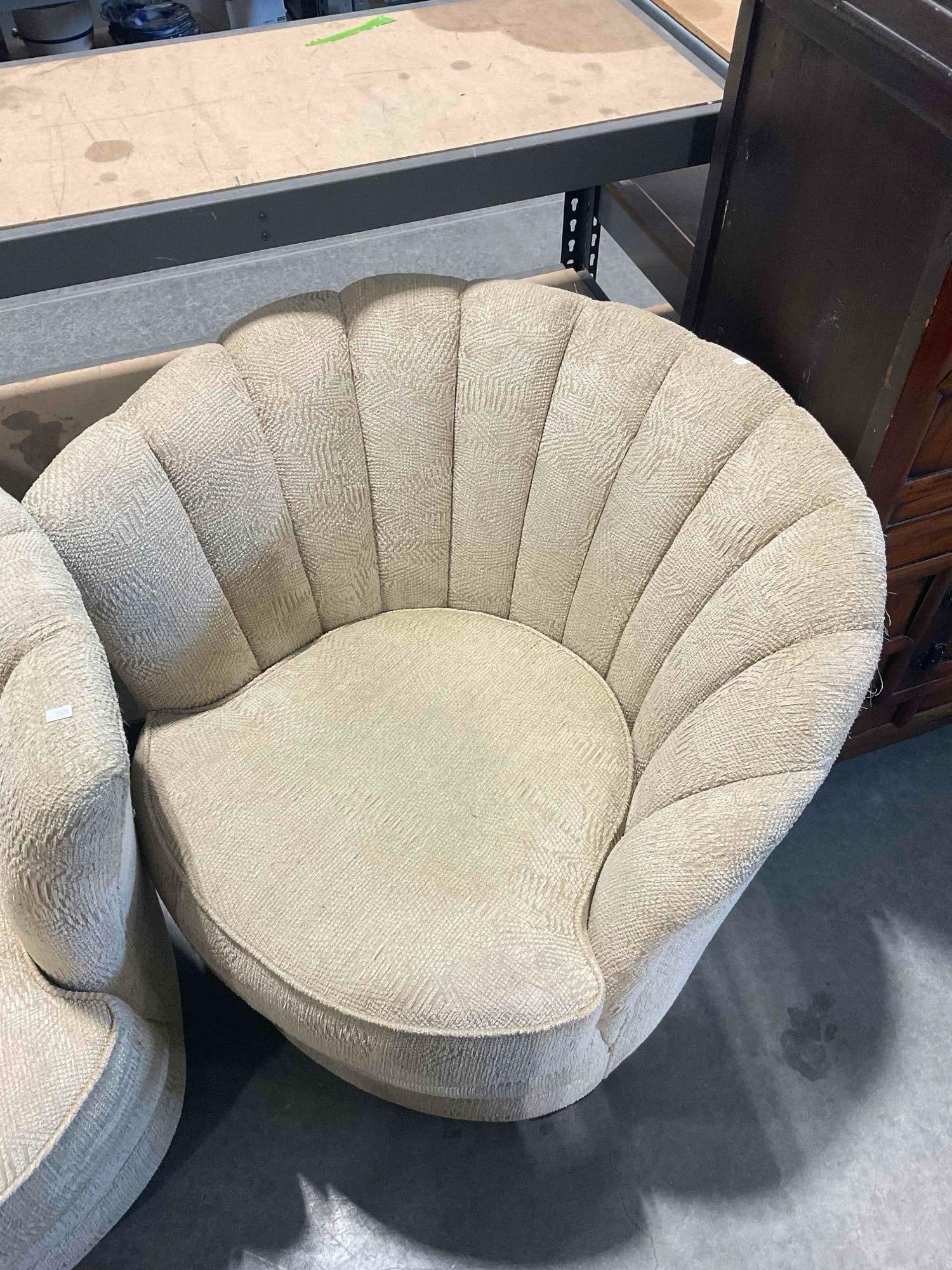 Pair of Vintage Asymmetrical Beige Upholstered Plush Swivel Chairs. Excellent Condition. See pics. - 5