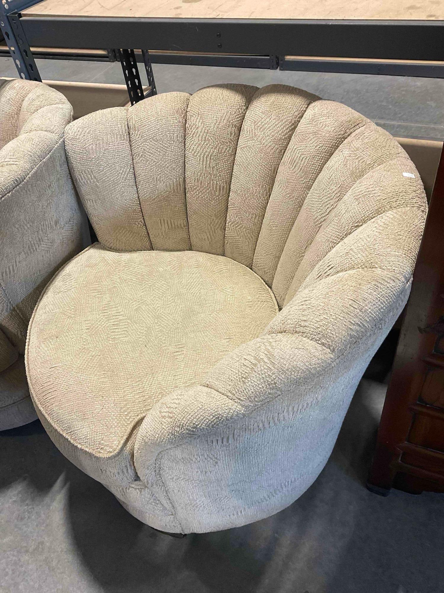 Pair of Vintage Asymmetrical Beige Upholstered Plush Swivel Chairs. Excellent Condition. See pics. - 7