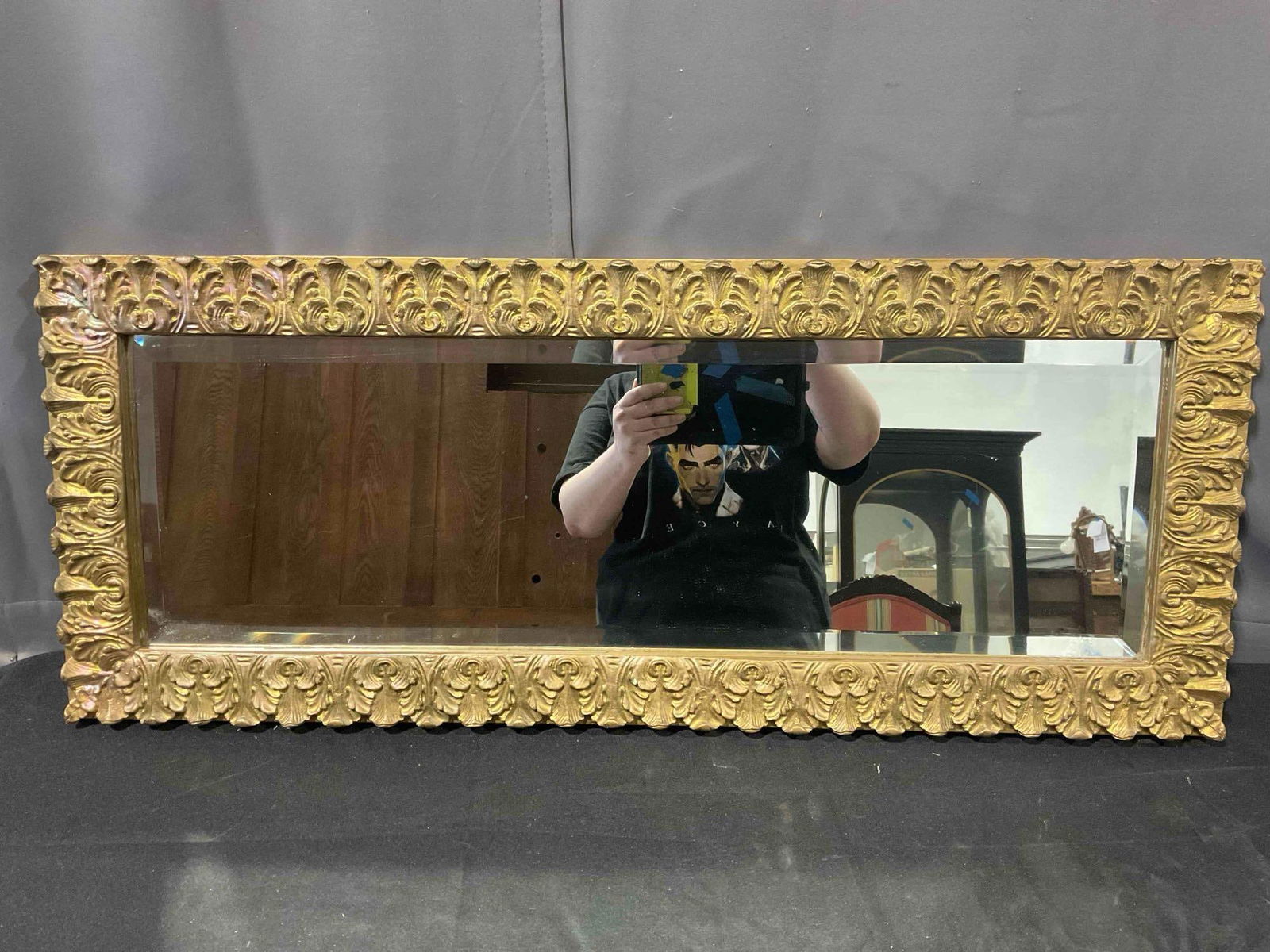 Vintage Rectangular Wall Mirror in Ornate Gold Painted Wooden Frame. Very Good Condition.: Vintage Rectangular Wall Mirror in Ornate Gold Painted Wooden Frame. Very Good Condition. Minor crack to one corner and minor wear indicative of age, condition is otherwise very good. Measures 35" x 1