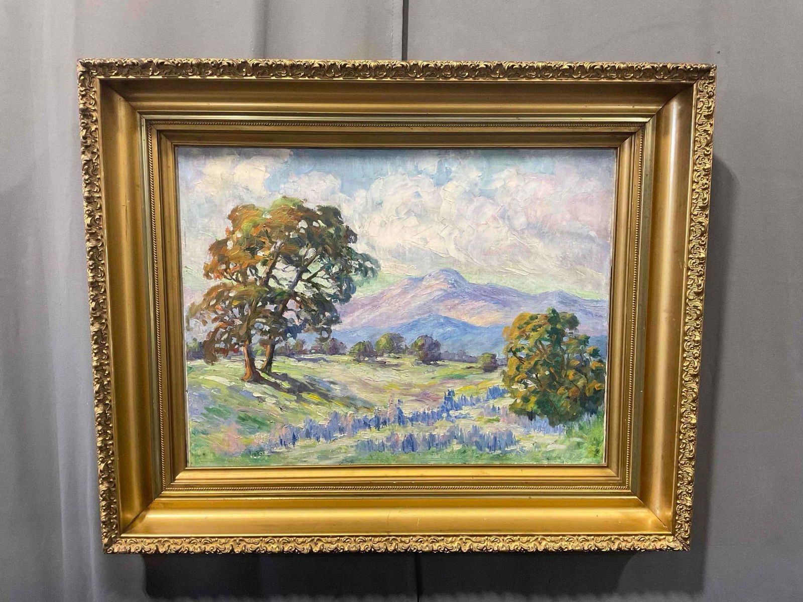 Vintage Framed Original Oil Painting of Meadow in Ornate Gold Colored Frame. Excellent Cond.: Vintage Framed Original Oil Painting of Bluebonnet Meadow in Ornate Gold Colored Frame. Minor wear indicative of age, condition is otherwise excellent. Unsigned. In ornate wood & composite? gilt