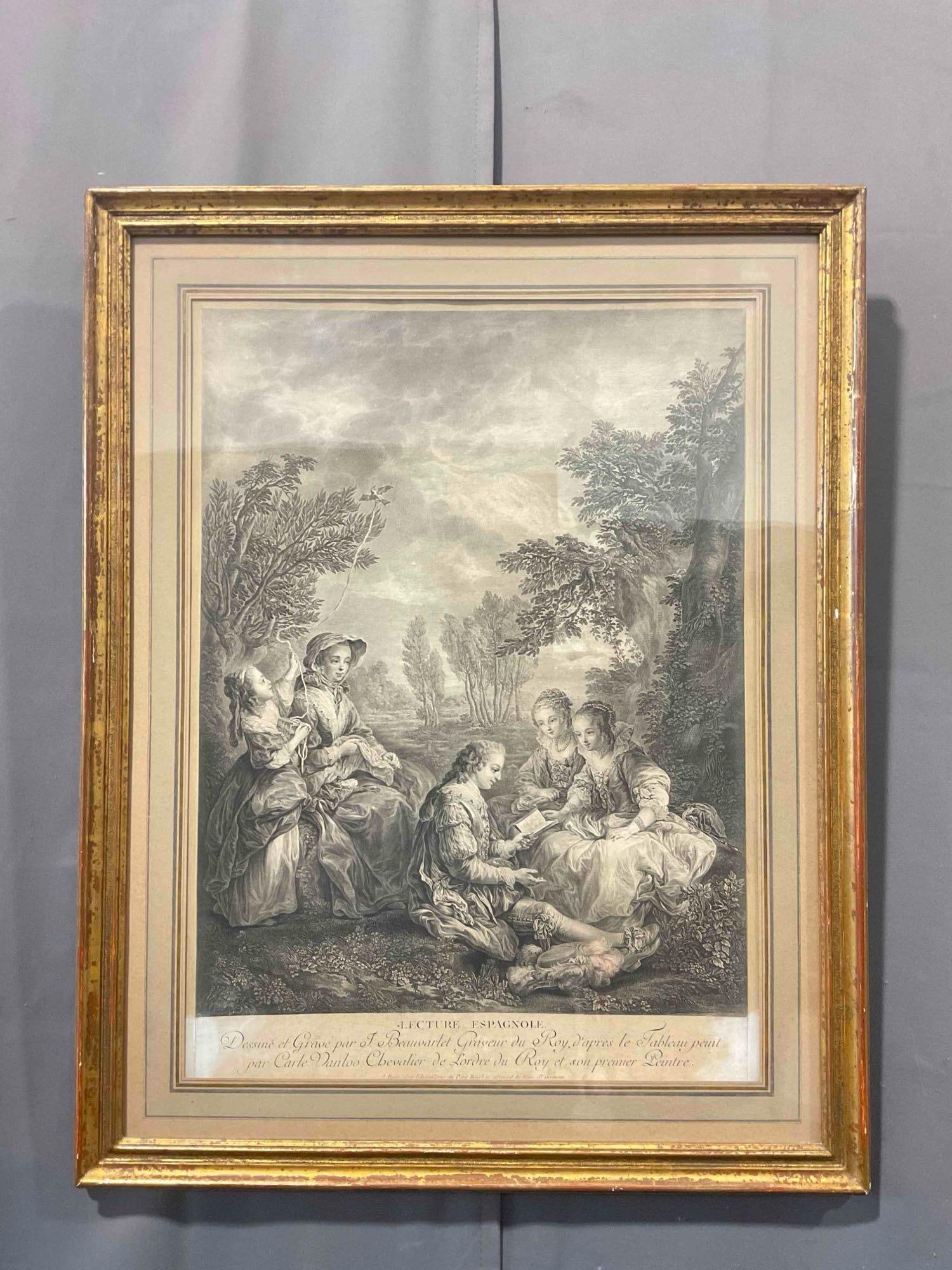 Antique 18th Cent. Framed Engraving "Lecture Espagnole," Engraved by J. Beauvarlet. See pics.: Antique 18th Century Framed Engraving "Lecture Espagnole," Engraved by J. Beauvarlet. Based on a painting by Carle Vanloo. Minor wear to frame and paper, condition is otherwise very good. In gilt pain