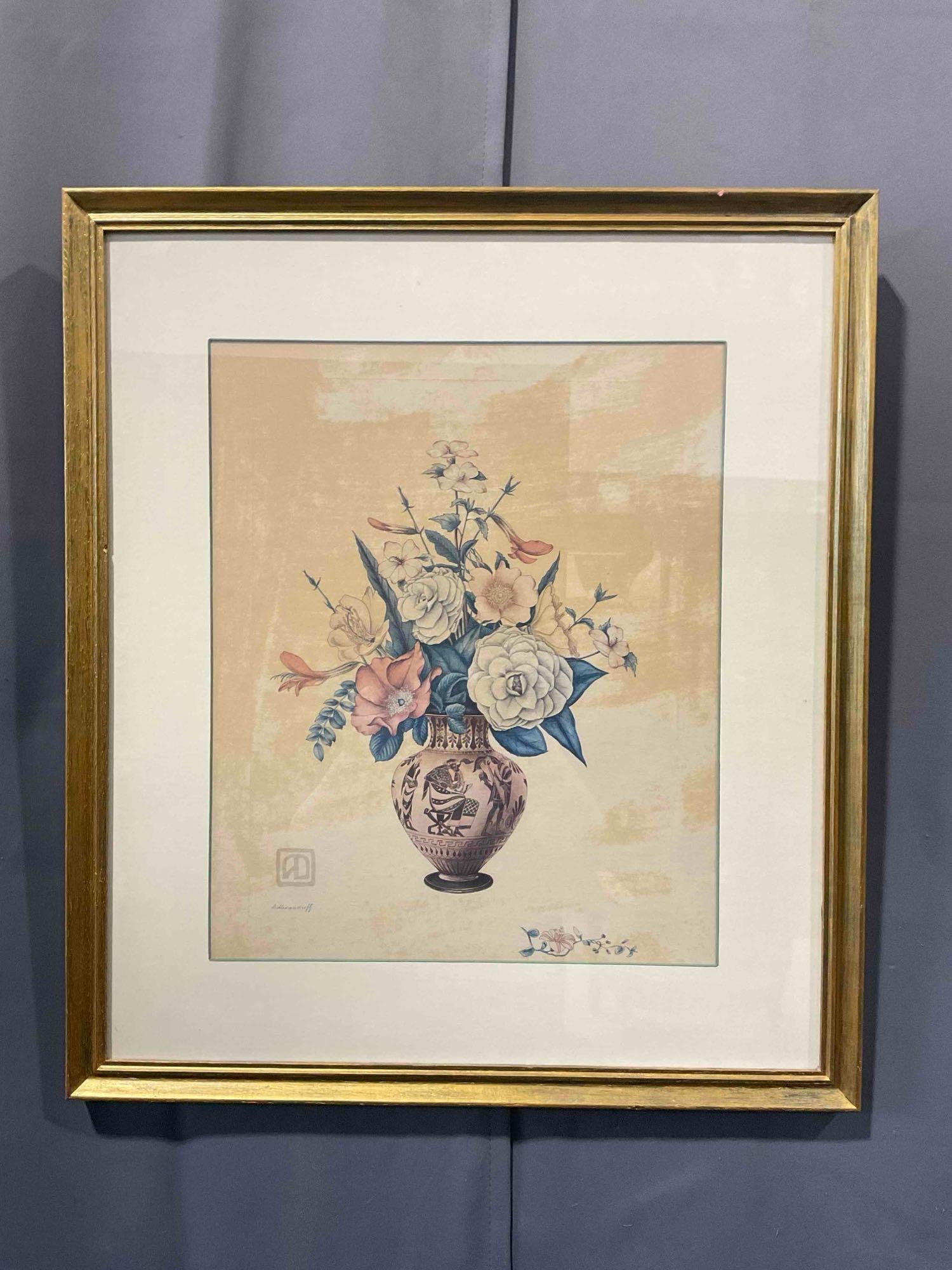 Vintage Framed Lithograph "Flowers in a Grecian Vase" by D. Alexandroff. Excellent Condition.: Vintage Framed Lithograph "Flowers in a Grecian Black Figure Vase" by D. Alexandroff. Excellent Condition. In gold painted wooden frame with custom matting and glass pane. Measures 22" x 25" x 3" DM-5