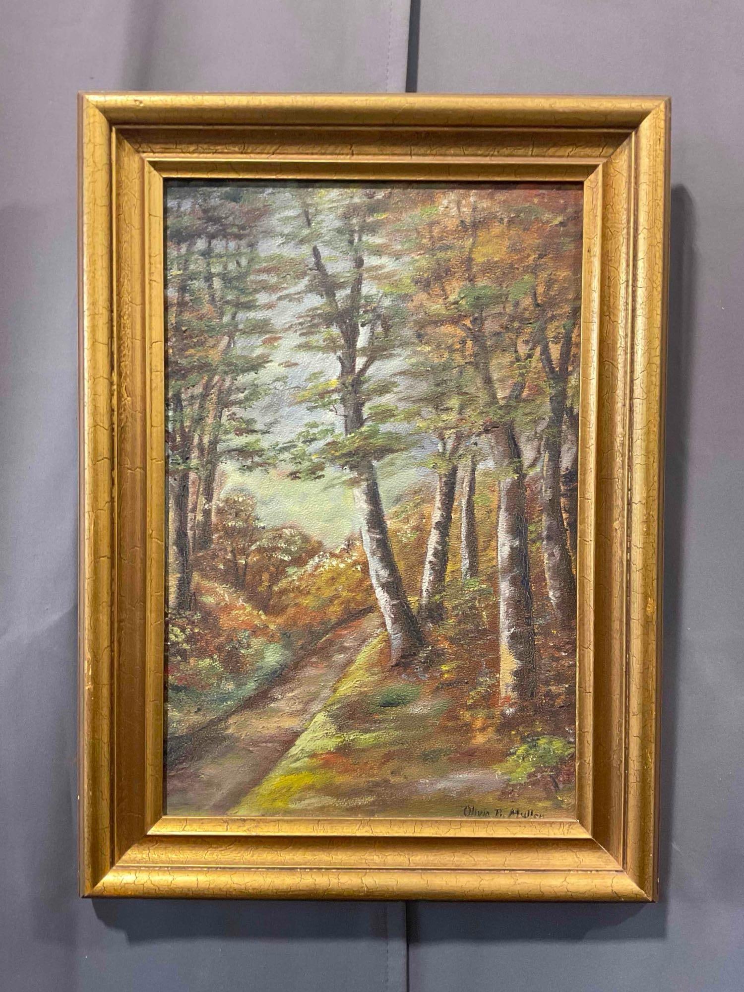 Vintage Framed Original Oil Painting of Forest Trees, Signed Olivia B. Mullen? Excellent Condition. (1 of 6)