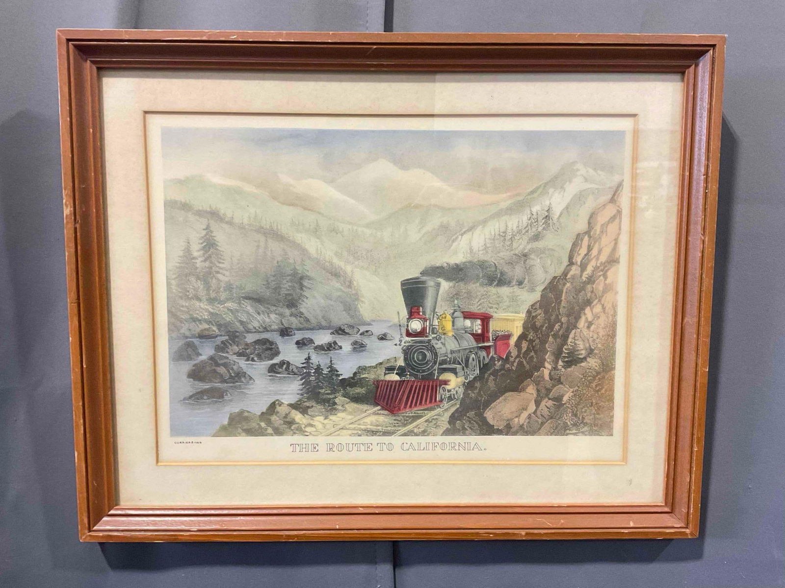 Antique Framed Currier & Ives Hand Colored? Lithograph "The Route to California." See pics.: Antique Framed Currier & Ives Hand Colored? Lithograph "The Route to California." Minor wear indicative of age, condition is otherwise very good. Framed in wooden frame w/ custom matting and glass