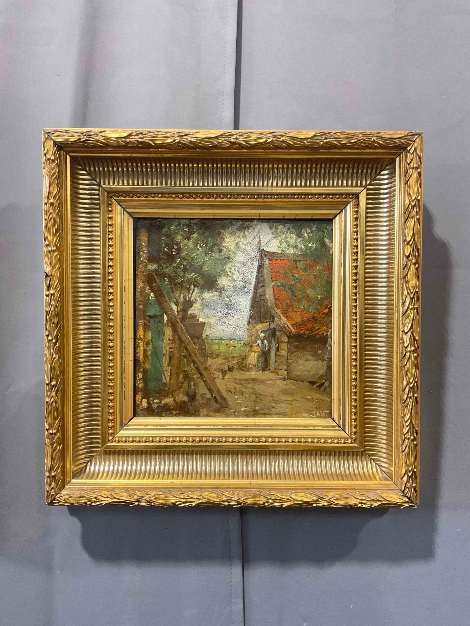 Antique Original Oil Painting of Woman w/ Basket in Ornate Gilt Wood Frame. Signed by Artist.: Antique Original Oil Painting of Woman w/ Basket in Ornate Gilt Wood Frame. Signed by Artist. Artist's name is illegible, looks like JOU? Minor wear to frame indicative of age, condition is otherwise