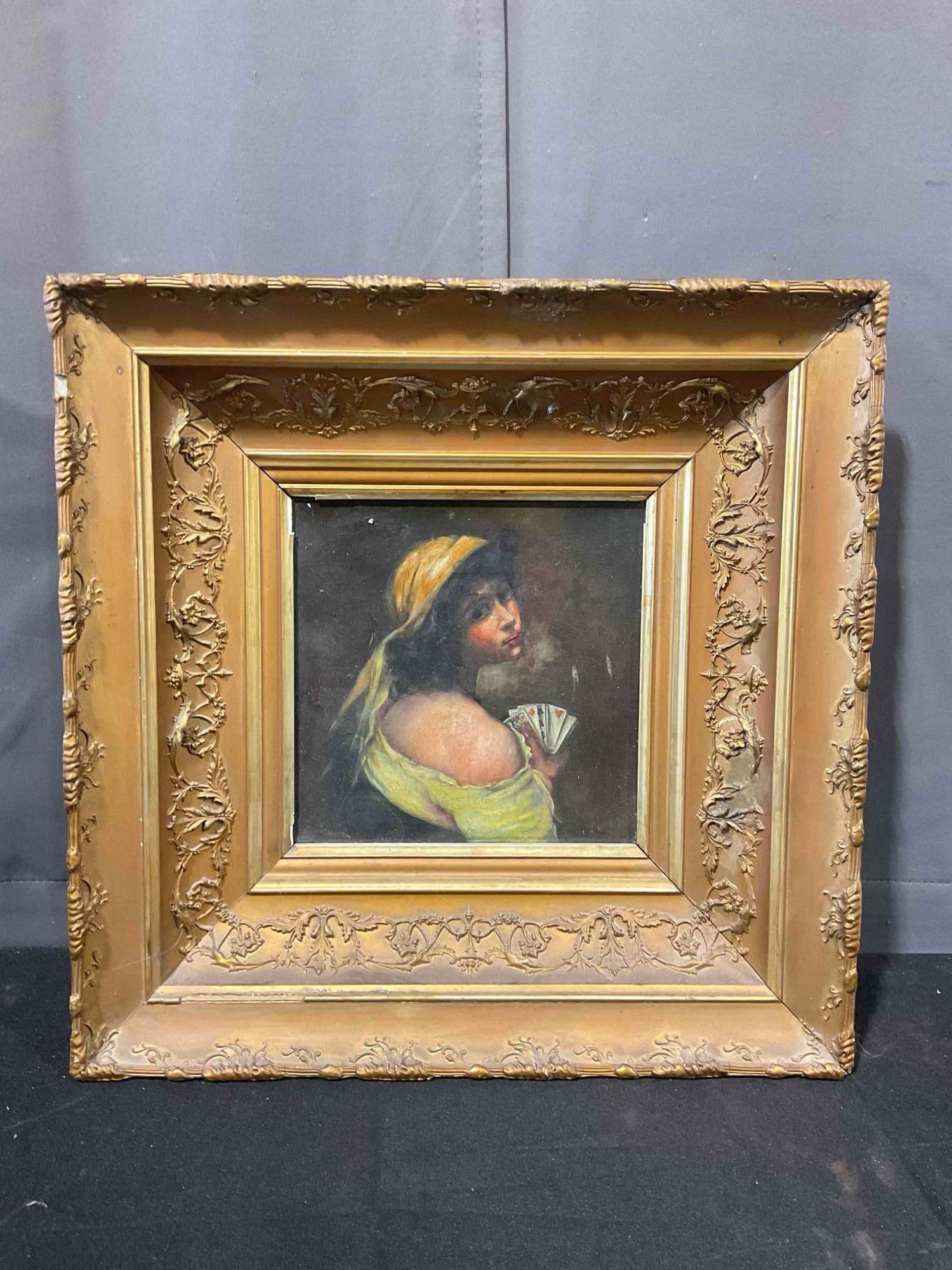 Antique Framed Original Oil Painting of Girl w/ Playing Cards in Ornate Gilt Wood Frame. See pics.: Antique Framed Original Oil Painting of Girl w/ Playing Cards in Ornate Gilt Wood Frame. Unsigned. Frame is missing some pieces and has wear indicative of age, picture wire on back has snapped, condit