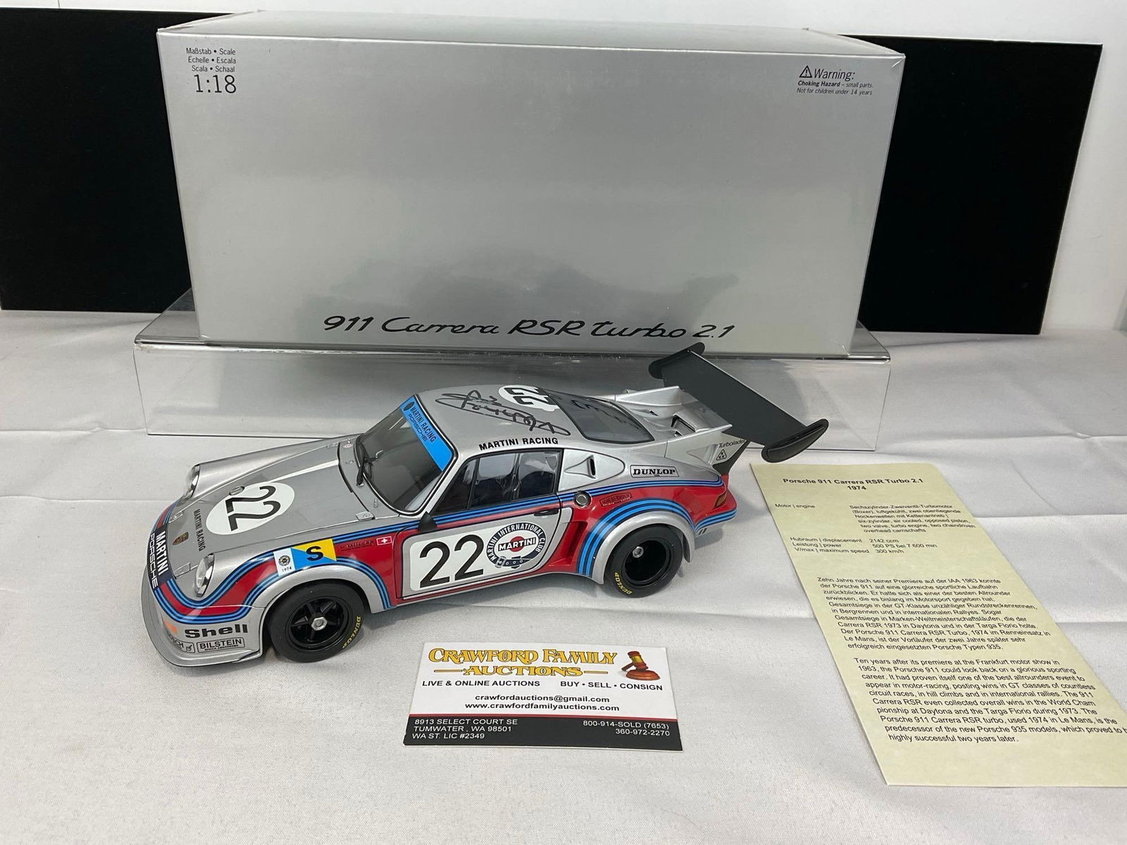 Porsche 1974 Porsche 911 Carrera Le Mans 24H Signed by Gijs Van Lennep 1/18 Scale Diecast Car Model: All comes from the same collection. Appears to be in good shape. The piece measures approx 7h x 14w x 7d inches. See pics. E-5420
