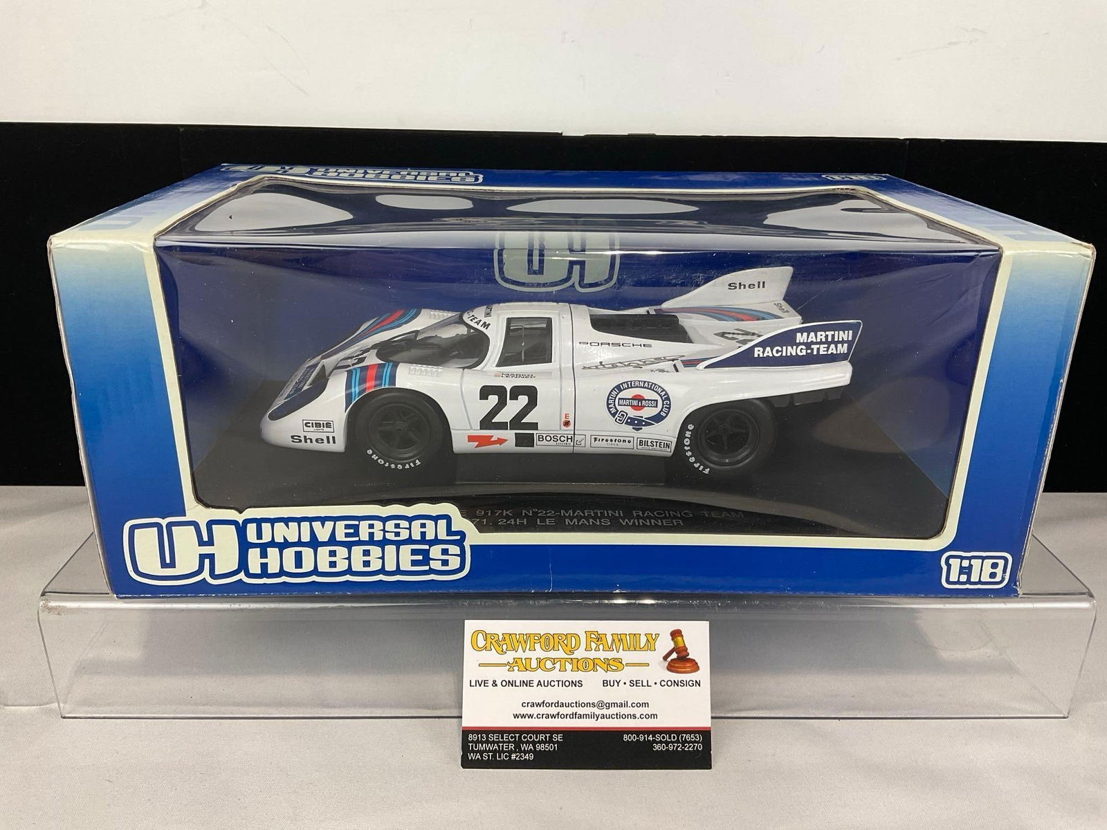 UH 1971 Porsche 917K-Martini LM 24H signed by Gijs Van Lennep 1/18 Scale Diecast Car Model: All comes from the same collection. Appears to be in good shape. The piece measures approx 6h x 14w x 8d inches. See pics. E-5420 