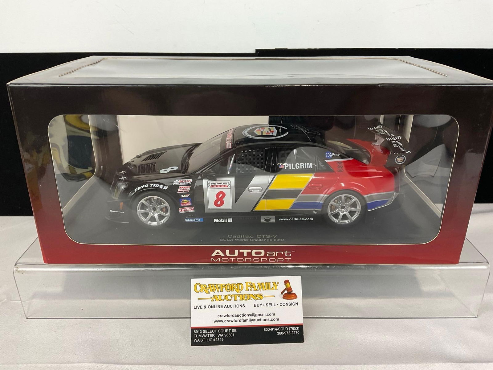 AutoArt 2004 Cadillac CTS-V #8 #d358/5000 Signed by Andy Pilgrim 1/18 Scale Diecast Car Model w/COA: All comes from the same collection. Appears to be in good shape. The piece measures approx 7h x 14w x 8d inches. See pics. E-5420 