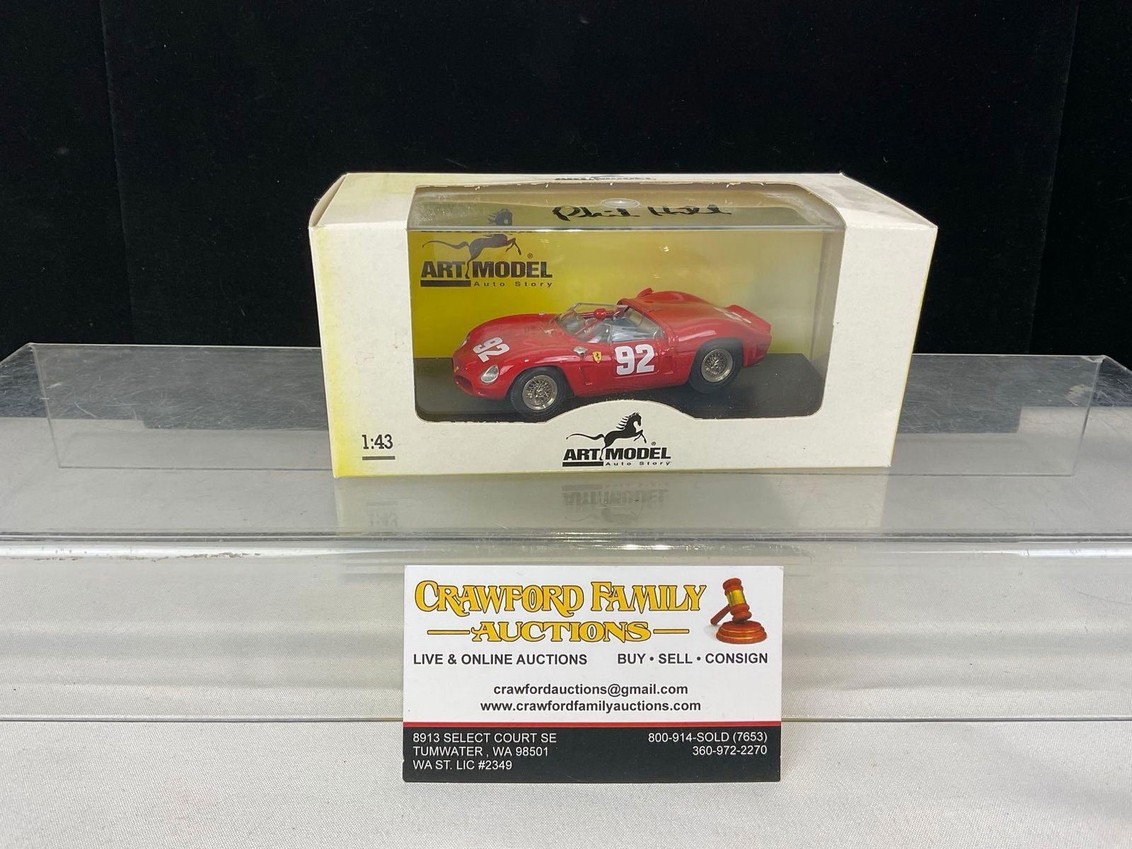 Art Model 1962 Ferrari Dino SP Nurburgring Signed by Phil Hill, 1/43 Scale Diecast Car Model: Acrylic cover is signed by Phil Hill. All comes from the same collection. Appears to be in good shape. The piece measures approx 4h x 7w x 4d inches. See pics. E-5420 
