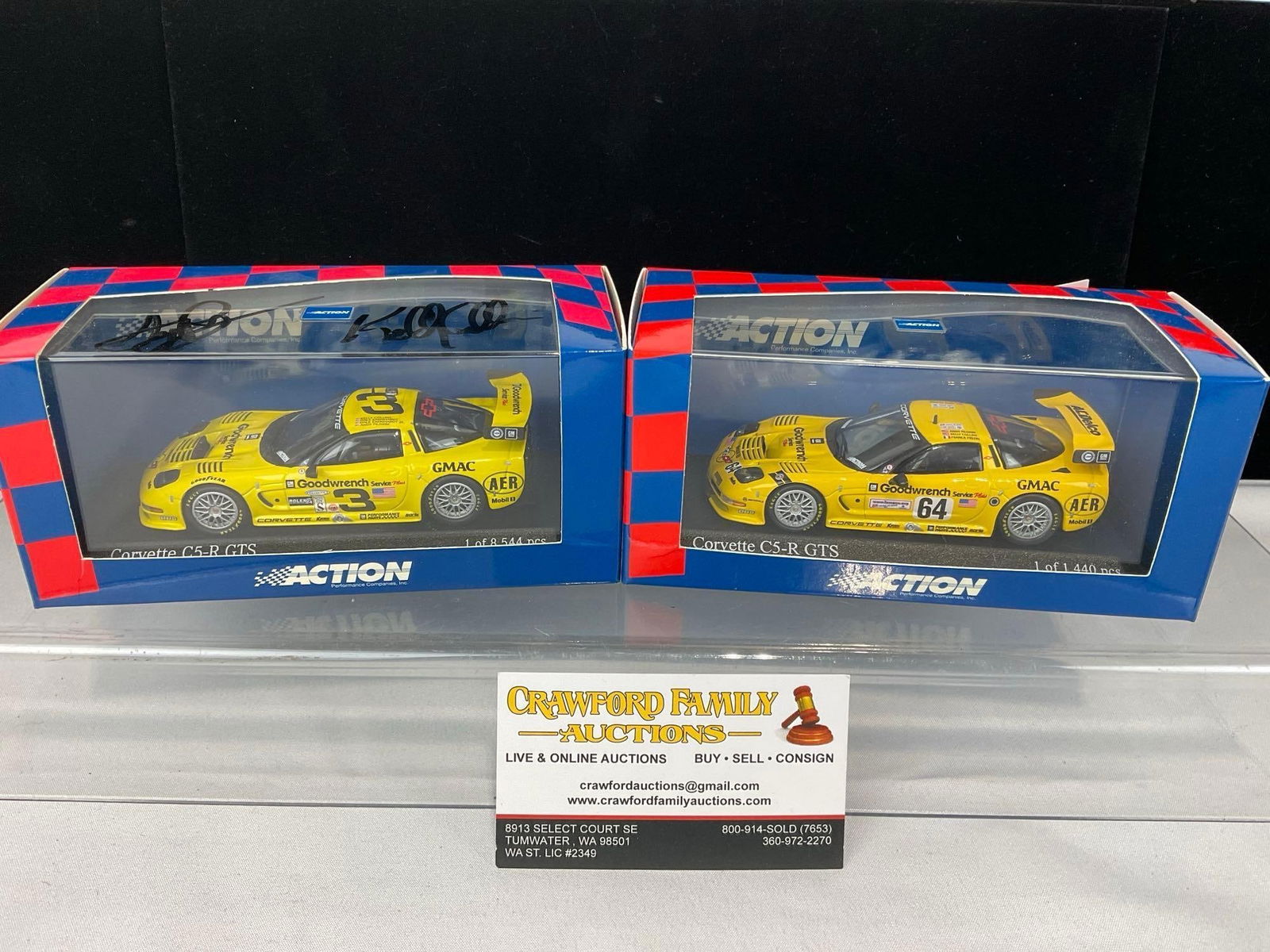 2 Action 2001 Chevy Corvette C5R, 1 signed by Andy Pilgrim & Collins 1/43 Scale Diecast Car Models: The acrylic cover is signed by Andy Pilgrim & Kelly Collins. All comes from the same collection. Appears to be in good shape. The piece measures approx 6h x 7w x 4d inches. See pics. E-5420