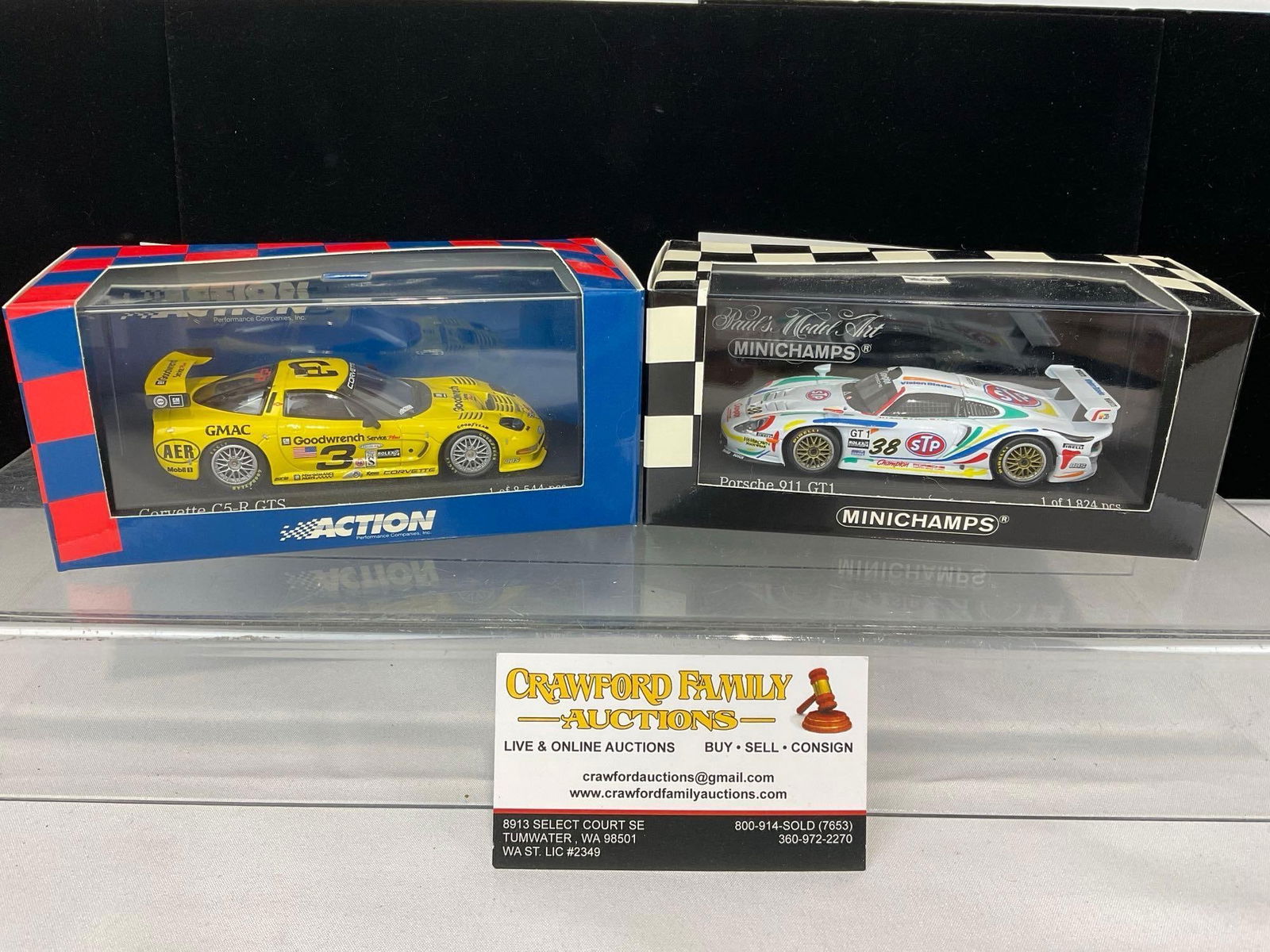 Pair of 1/43 Diecast Car Models, 1998 Porsche 911 GT1 & 2001 Corvette C5R Daytona, Andy Pilgrim: All comes from the same collection. Appears to be in good shape. The piece measures approx 6h x 7w x 4d inches. See pics. E-5420 