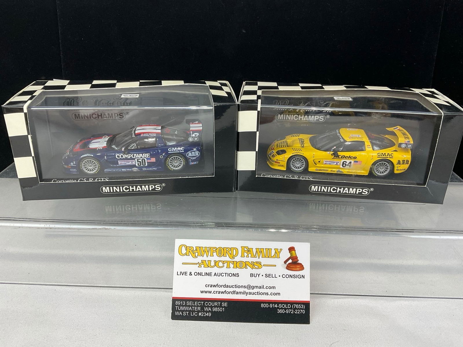 Pair of Minichamps 2002-3 Corvette C5-R 1/43 Scale Diecast Car Models, Andy Pilgrim: All comes from the same collection. Appears to be in good shape. The piece measures approx 6h x 7w x 4d inches. See pics. E-5420