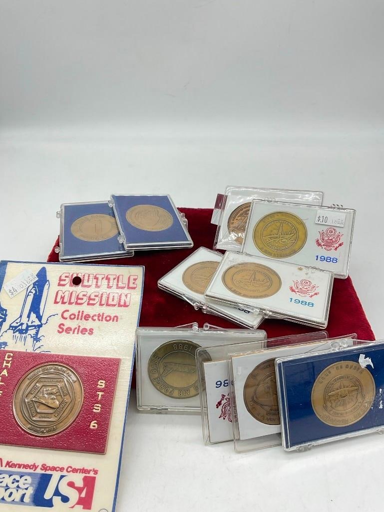 11 x vintage space shuttle & Edwards air force base brass Medallions /coins In cases 1983-1989: c-414 see pics 