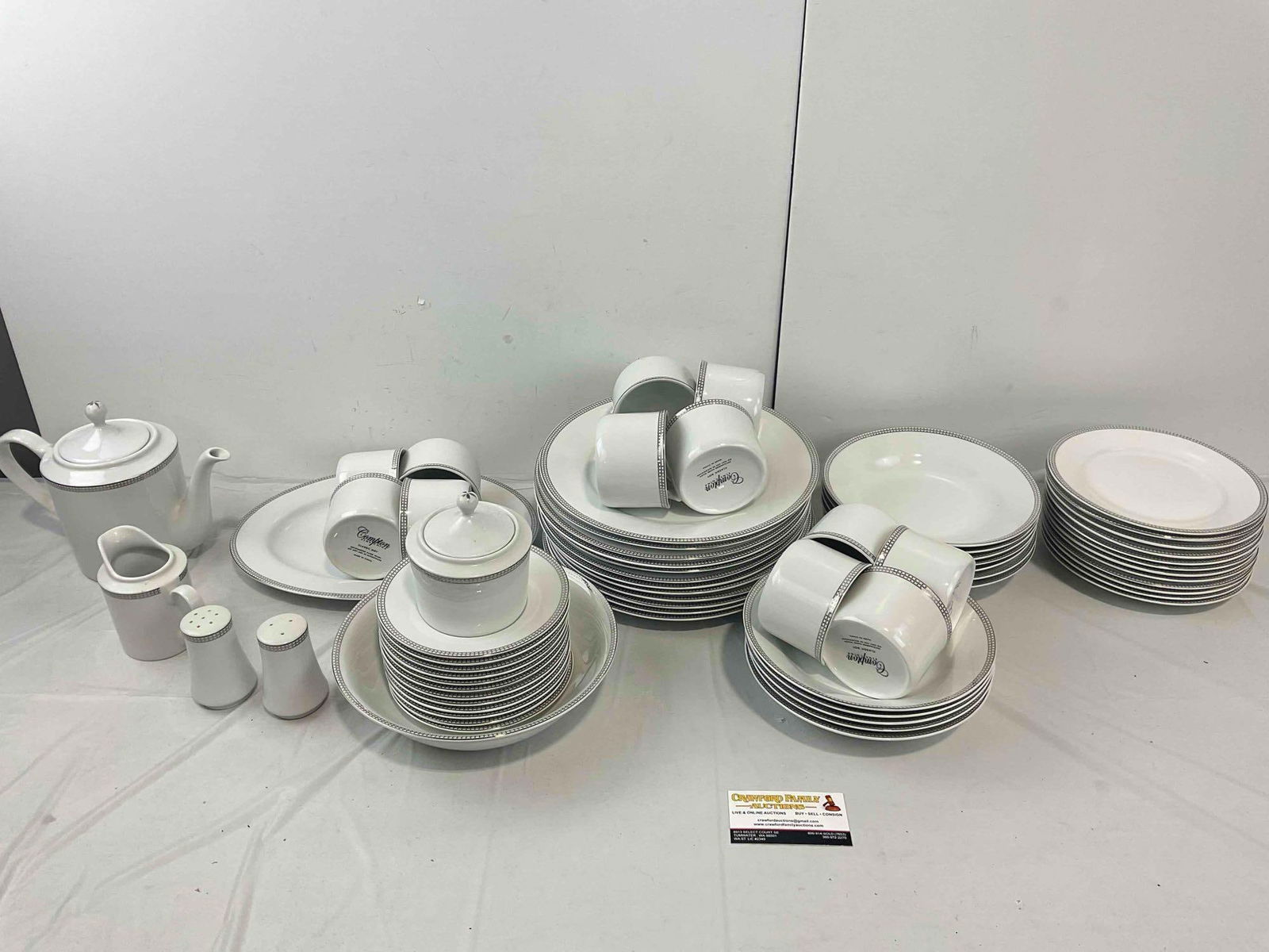 67 pcs Compton Classic Dot White Porcelain Dish Set. Excellent Condition. See pics.: 67 pcs Compton Classic Dot White Porcelain Dish Set. Excellent Condition. Largest measures 13" x 8" x 1" DM-5520 Includes serving tray, cups, saucers, salt and pepper shaker, tea pot, creamer, dinner