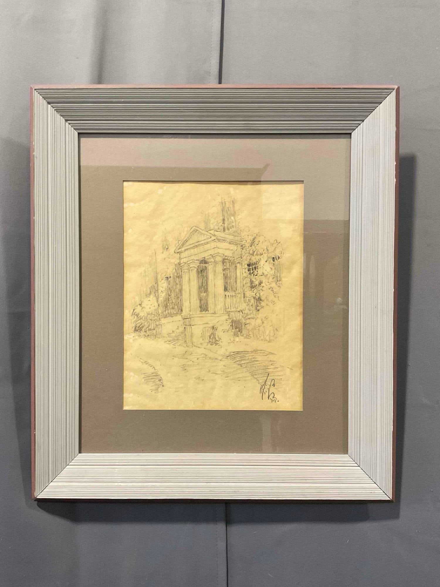 Framed Vintage Original Pencil Drawing of Columned Entry Signed Howard Leigh? See pics.: Framed Vintage Original Pencil Drawing of Columned Entry Signed Howard Leigh? Minor staining and wrinkling to paper, condition is otherwise very good. In painted wooden frame with custom matting and