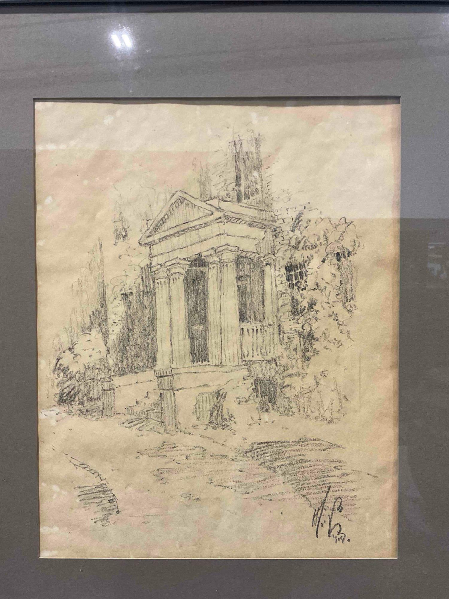 Framed Vintage Original Pencil Drawing of Columned Entry Signed Howard Leigh? See pics. - 2