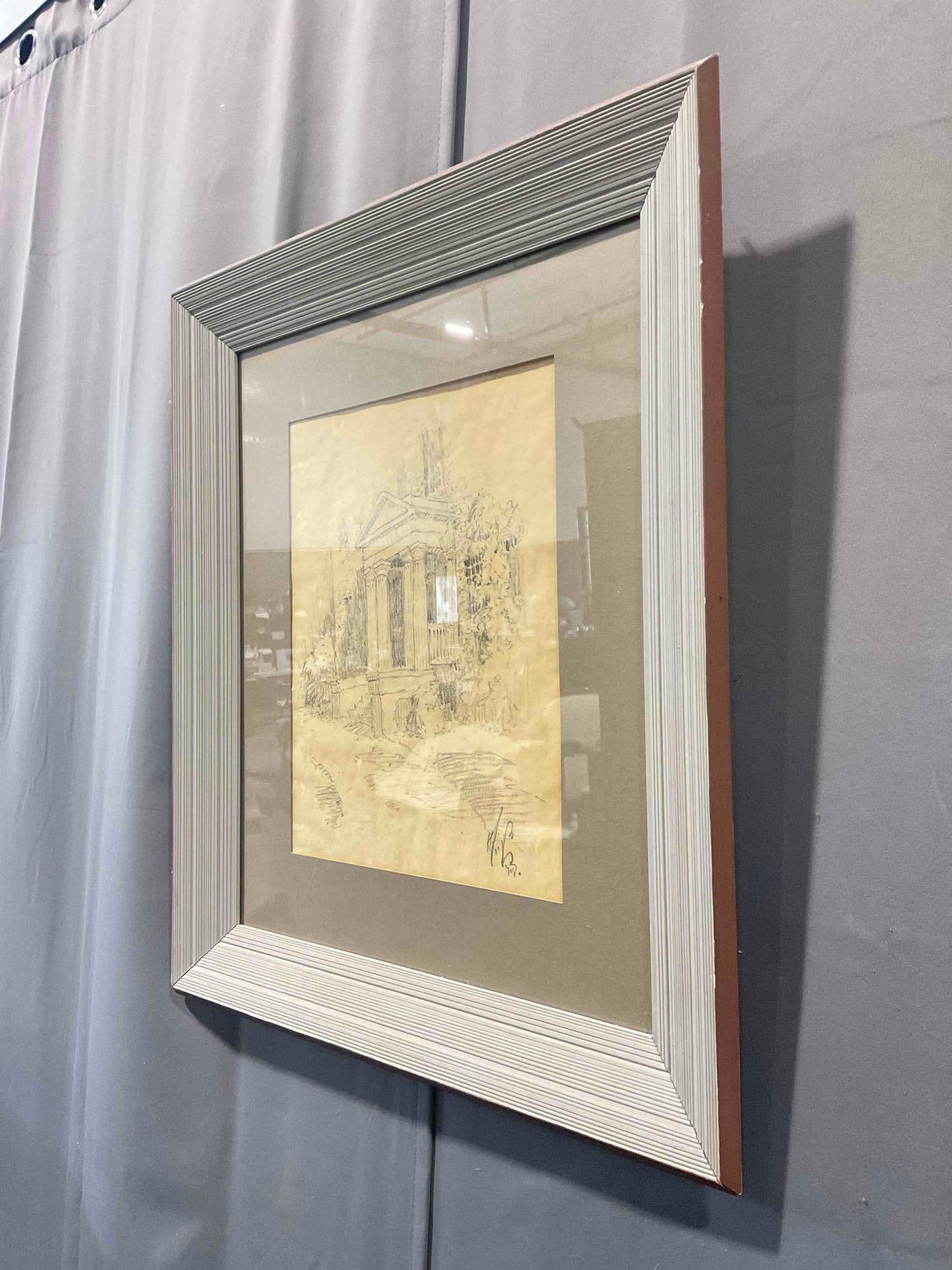 Framed Vintage Original Pencil Drawing of Columned Entry Signed Howard Leigh? See pics. - 4