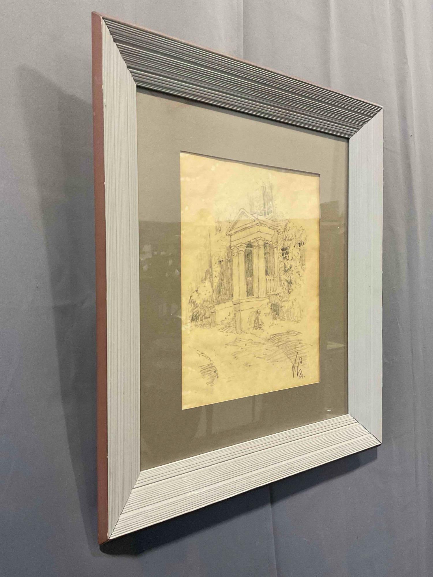Framed Vintage Original Pencil Drawing of Columned Entry Signed Howard Leigh? See pics. - 5