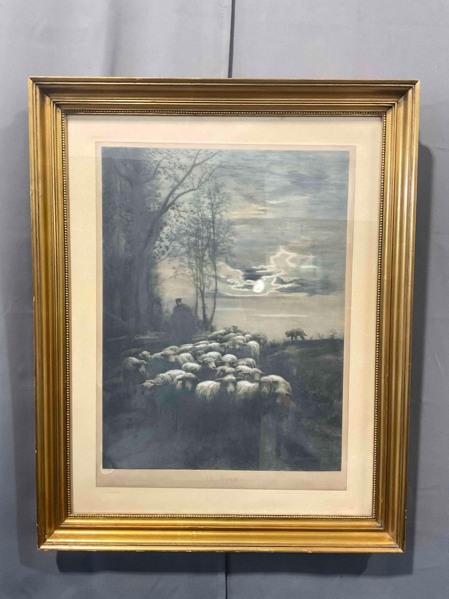 Framed Antique Hand Colored? Etching Print "Le Soir" Drawn & Engraved by Chaigneau.: Framed Antique Hand Colored? Etching Print "Le Soir" Drawn & Engraved by Chaigneau (DESSINE & Grave par Chaigneau), published by art dealer Georges Petit. Minor wear to frame, minor staining t