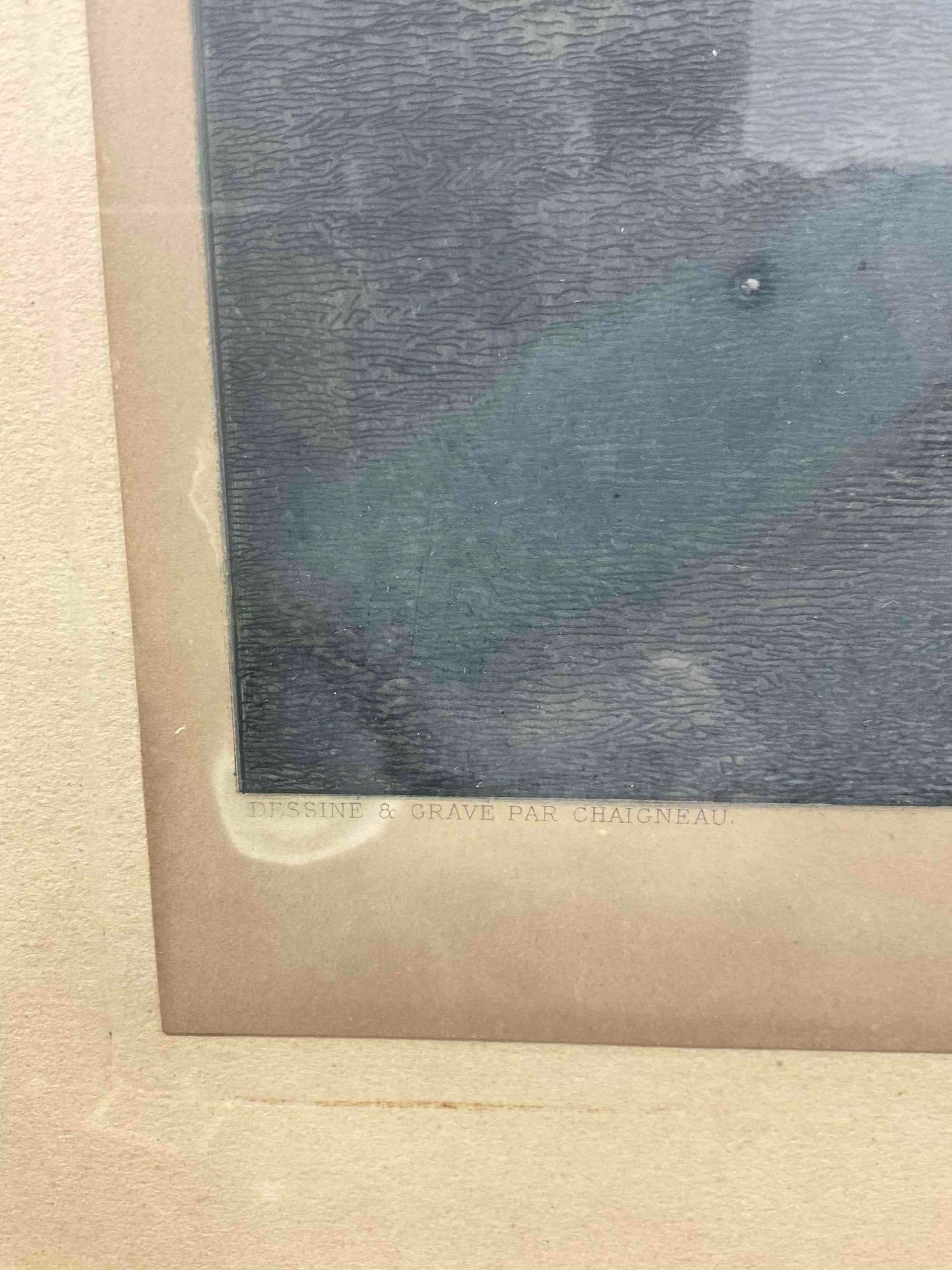 Framed Antique Hand Colored? Etching Print "Le Soir" Drawn & Engraved by Chaigneau. - 6