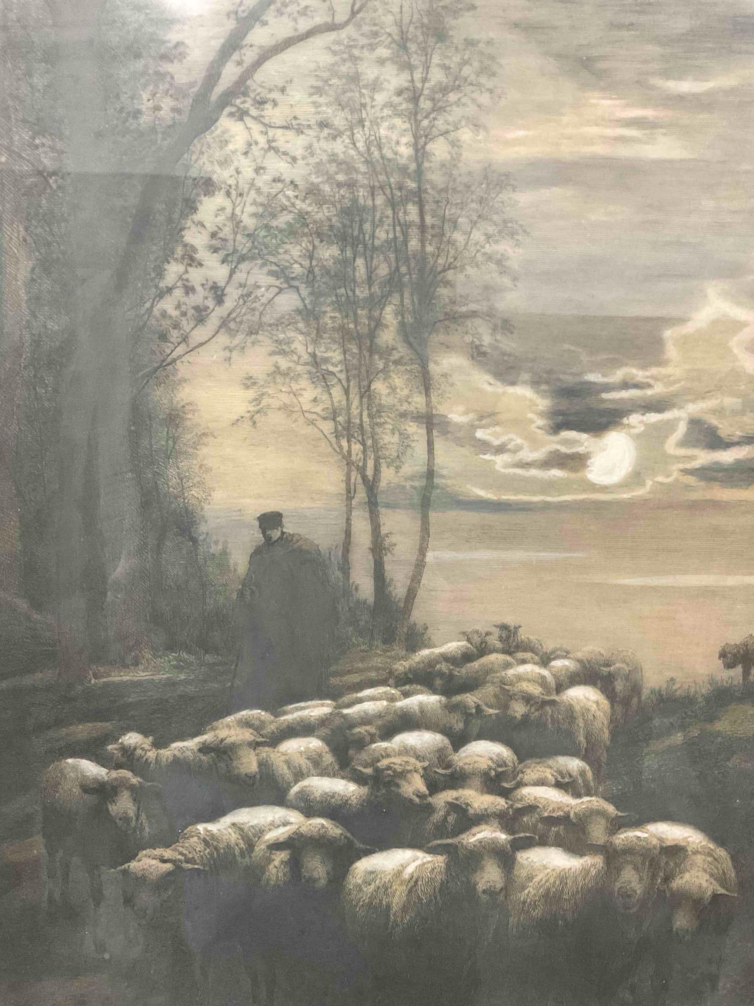 Framed Antique Hand Colored? Etching Print "Le Soir" Drawn & Engraved by Chaigneau. - 8