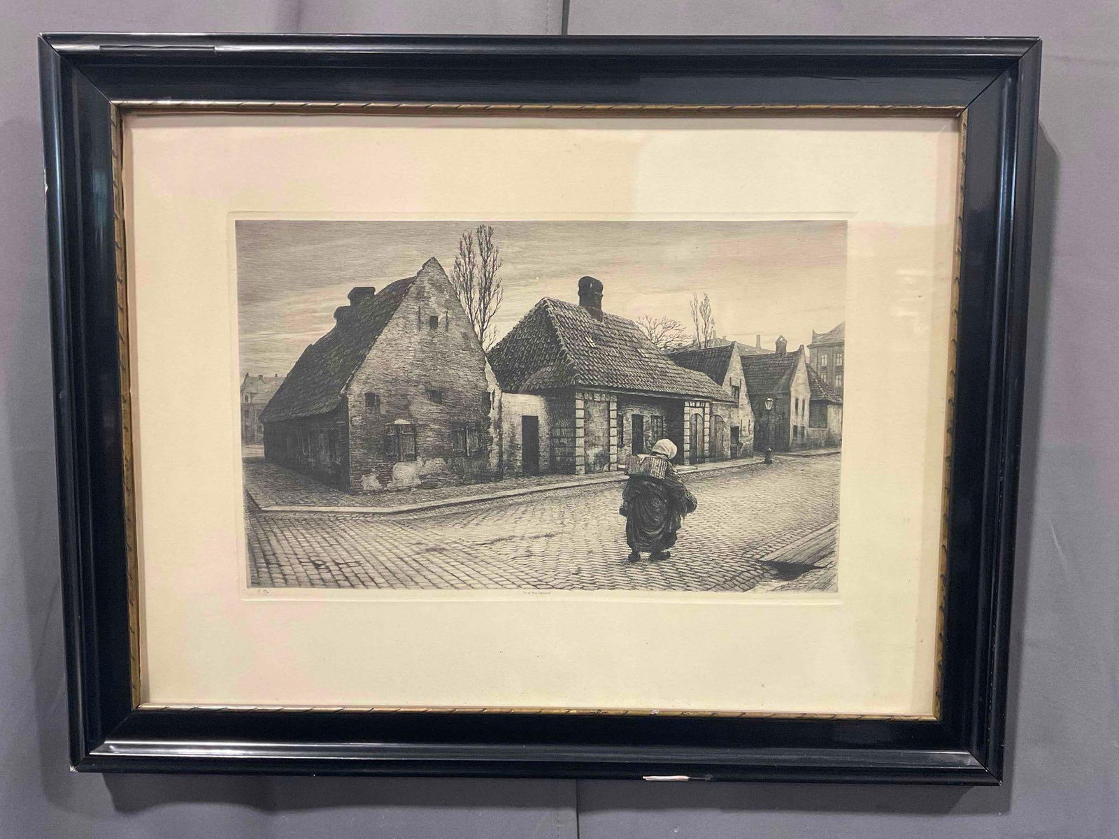Antique Framed Etching Print "Nyboder" by Danish Artist Emil Krause. Very Good Condition.: Antique Framed Etching Print" Nyboder" by Danish Artist Emil Krause. Very Good Condition. Minor wear to frame, condition is otherwise very good. Measures 27" x 21" x 3" In black lacquered wood frame w