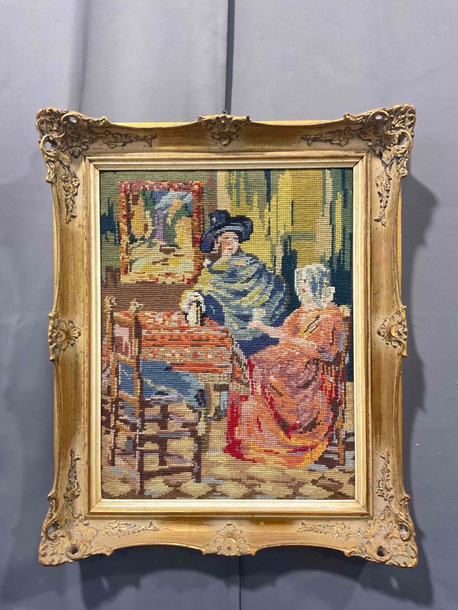 Vintage Framed Needlepoint Tapestry of Parlor Scene in Ornate Gilt Frame. Excellent Condition.: Vintage Needlepoint Tapestry of Parlor Scene in Ornate Gilt Frame. Excellent Condition. Frame has been antiqued, otherwise in excellent condition. Measures 18" x 23" x 3" In gilt wood frame. DM-5520