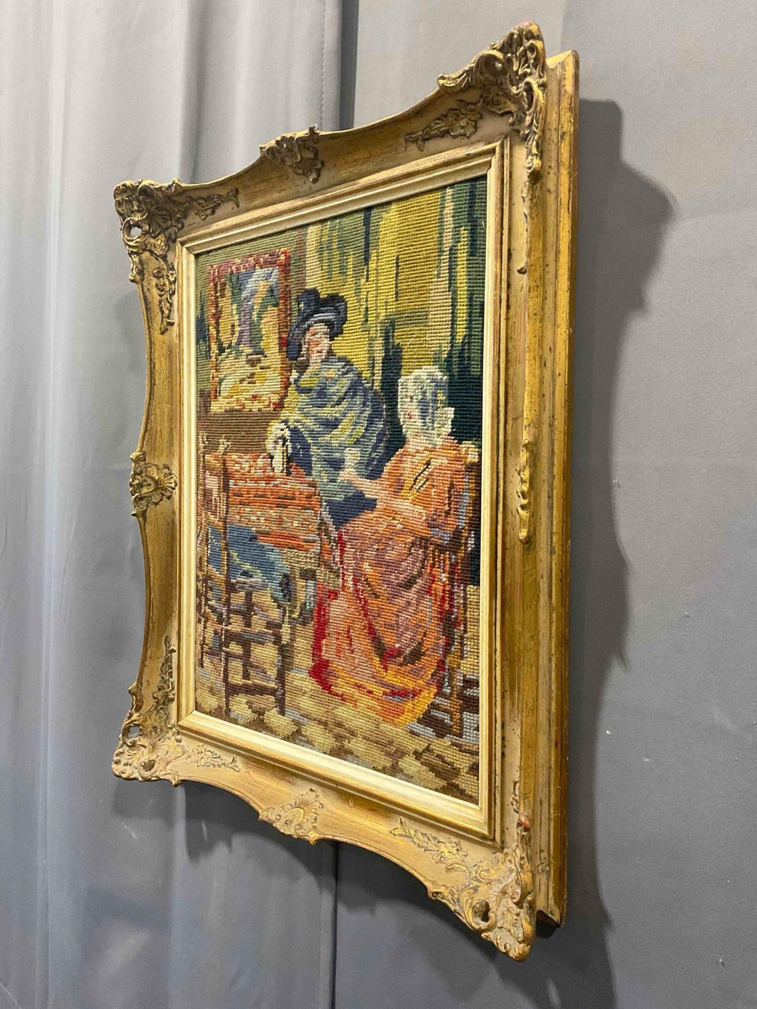 Vintage Framed Needlepoint Tapestry of Parlor Scene in Ornate Gilt Frame. Excellent Condition. - 2