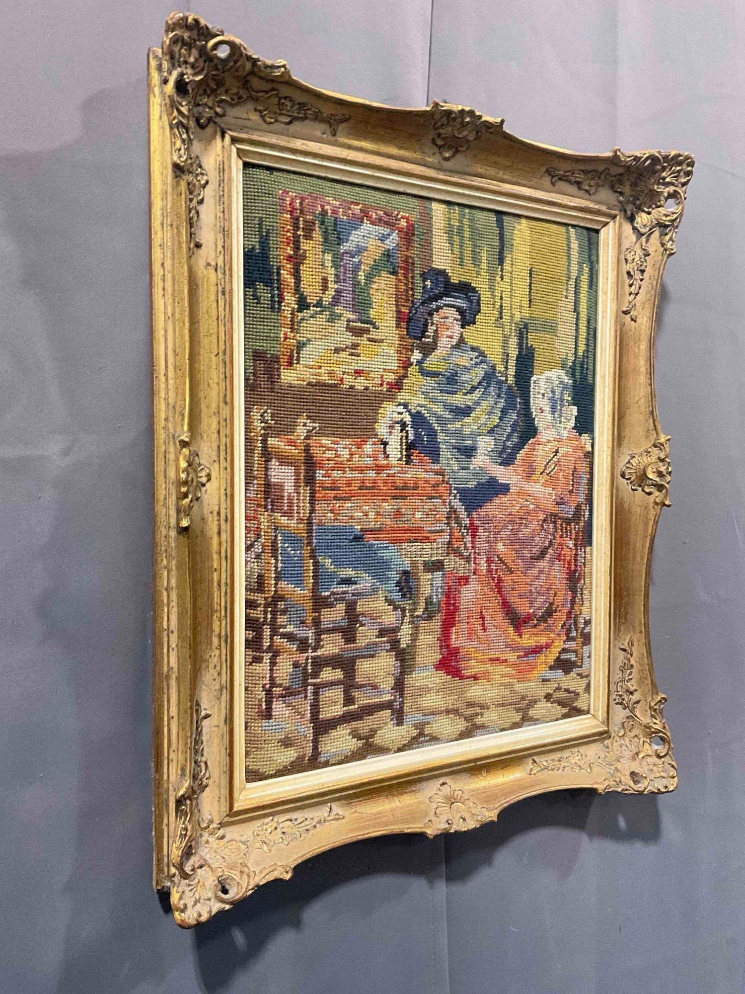 Vintage Framed Needlepoint Tapestry of Parlor Scene in Ornate Gilt Frame. Excellent Condition. - 3
