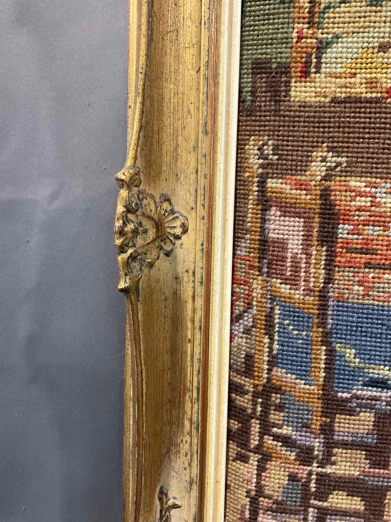 Vintage Framed Needlepoint Tapestry of Parlor Scene in Ornate Gilt Frame. Excellent Condition. - 4