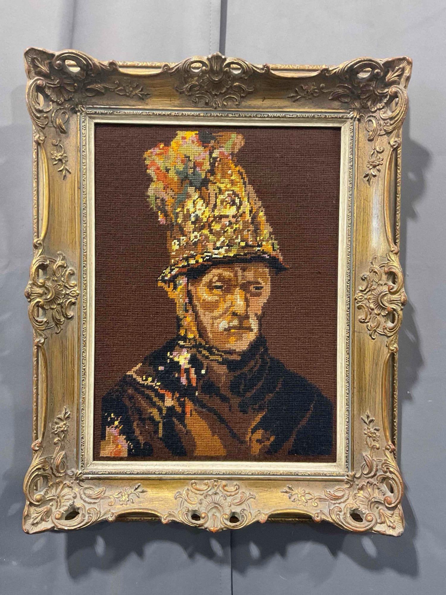 Vintage Framed Needlepoint Tapestry of Rembrandt's "Man in the Golden Helmet." See pics.: Vintage Framed Needlepoint Tapestry of Rembrandt's "Man in the Golden Helmet." One corner of frame is chipped, condition is otherwise very good. Measures 19" x 24" x 3" in Gilt wood frame.